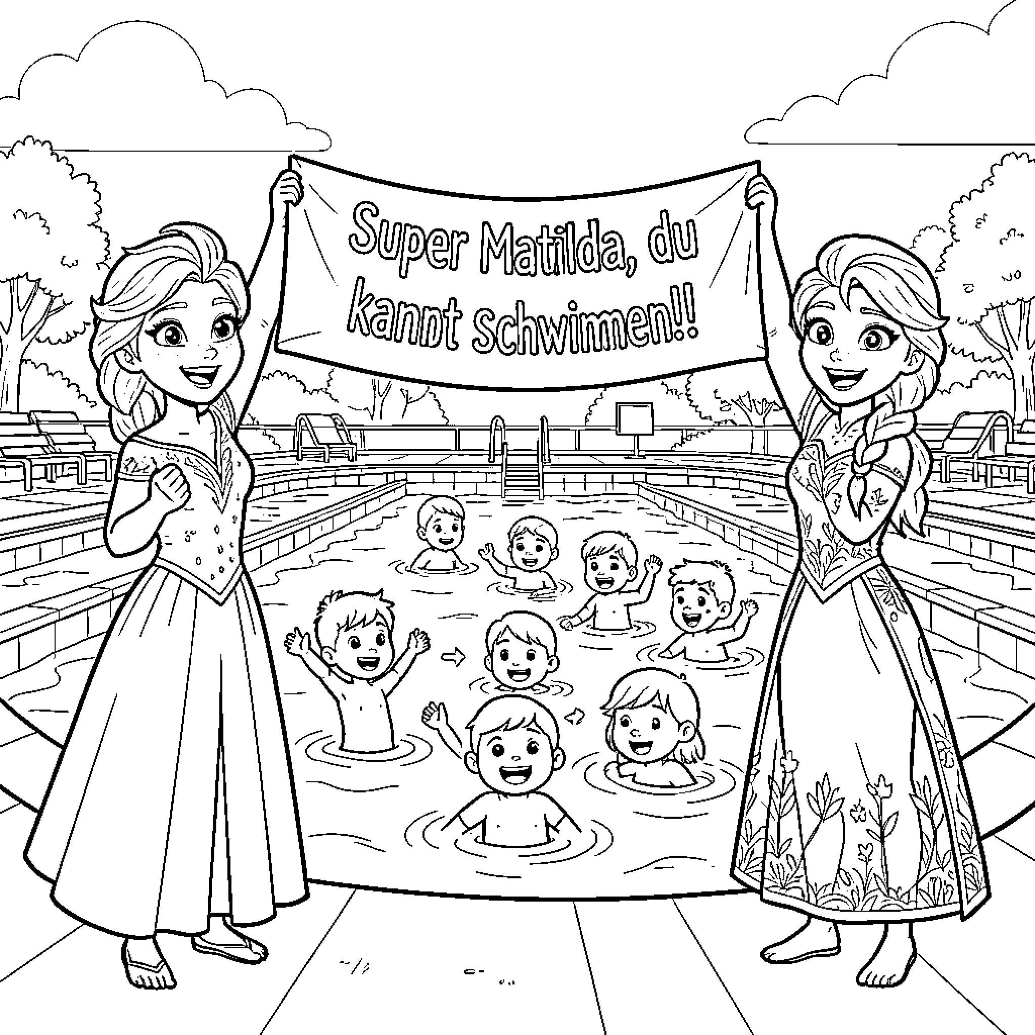 Elsa holding a banner above children swimming in a pool Coloring Page (free black-and-white line drawing printable PDF for all, from beginners to advanced learners, including children, teens, adults, and seniors)