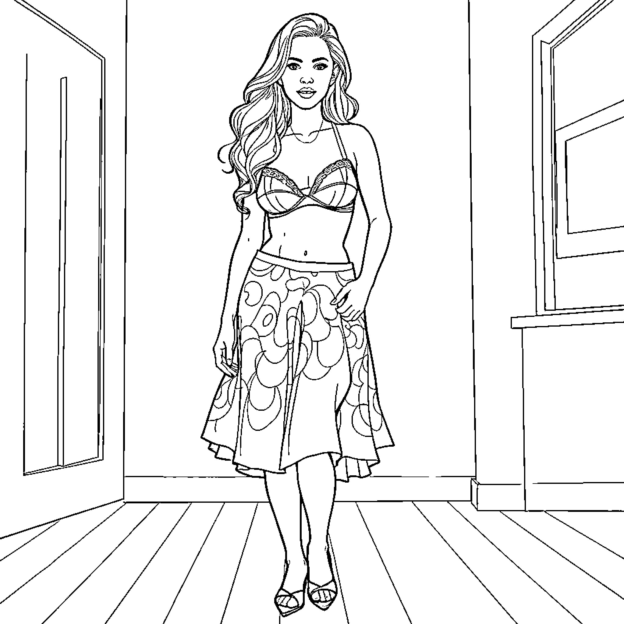 Person in fashionable outfit posing indoors Coloring Page (free black-and-white line drawing printable PDF for all, from beginners to advanced learners, including children, teens, adults, and seniors)