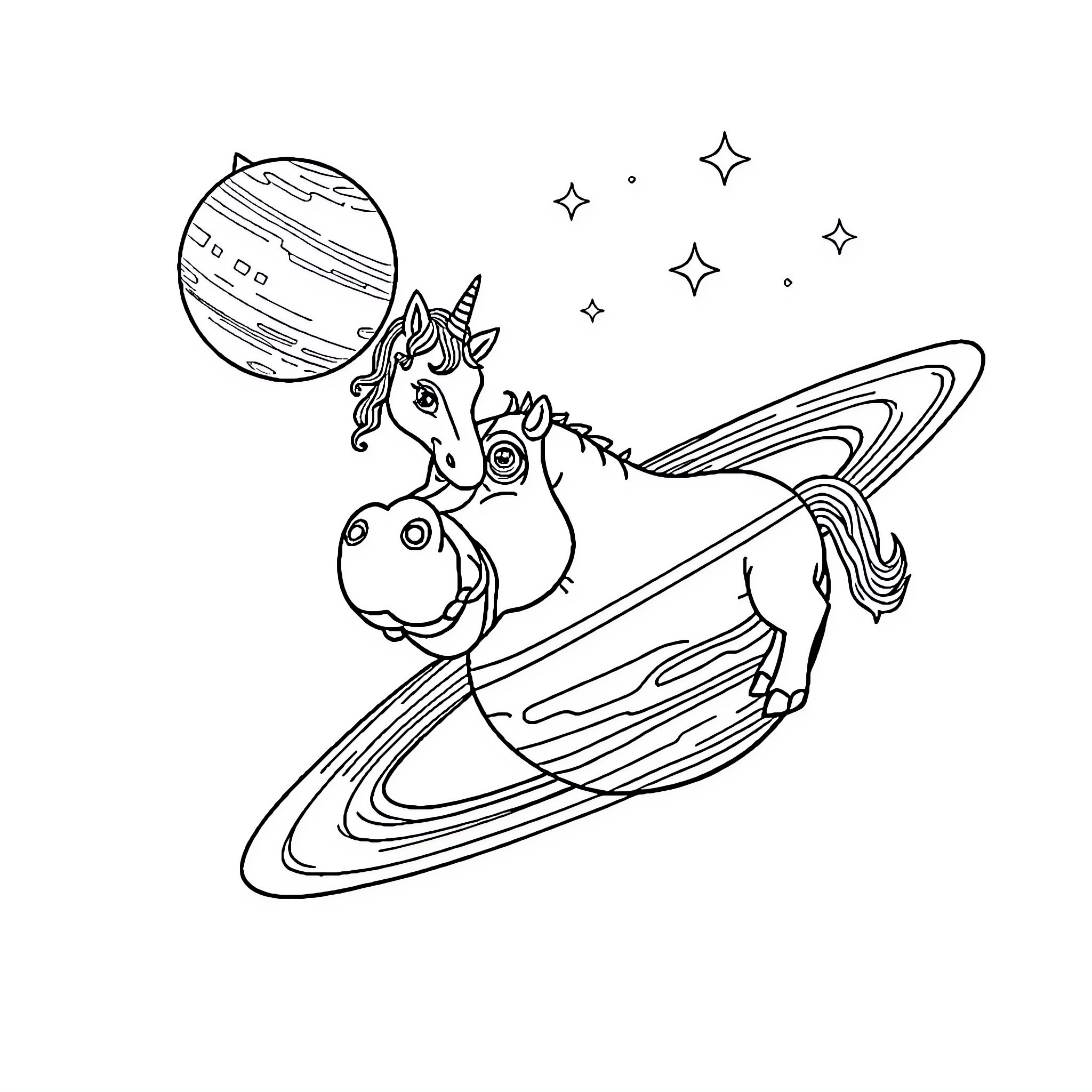 Unicorn soaring through the cosmic landscape Coloring Page (free black-and-white line drawing printable PDF for all, from beginners to advanced learners, including children, teens, adults, and seniors)
