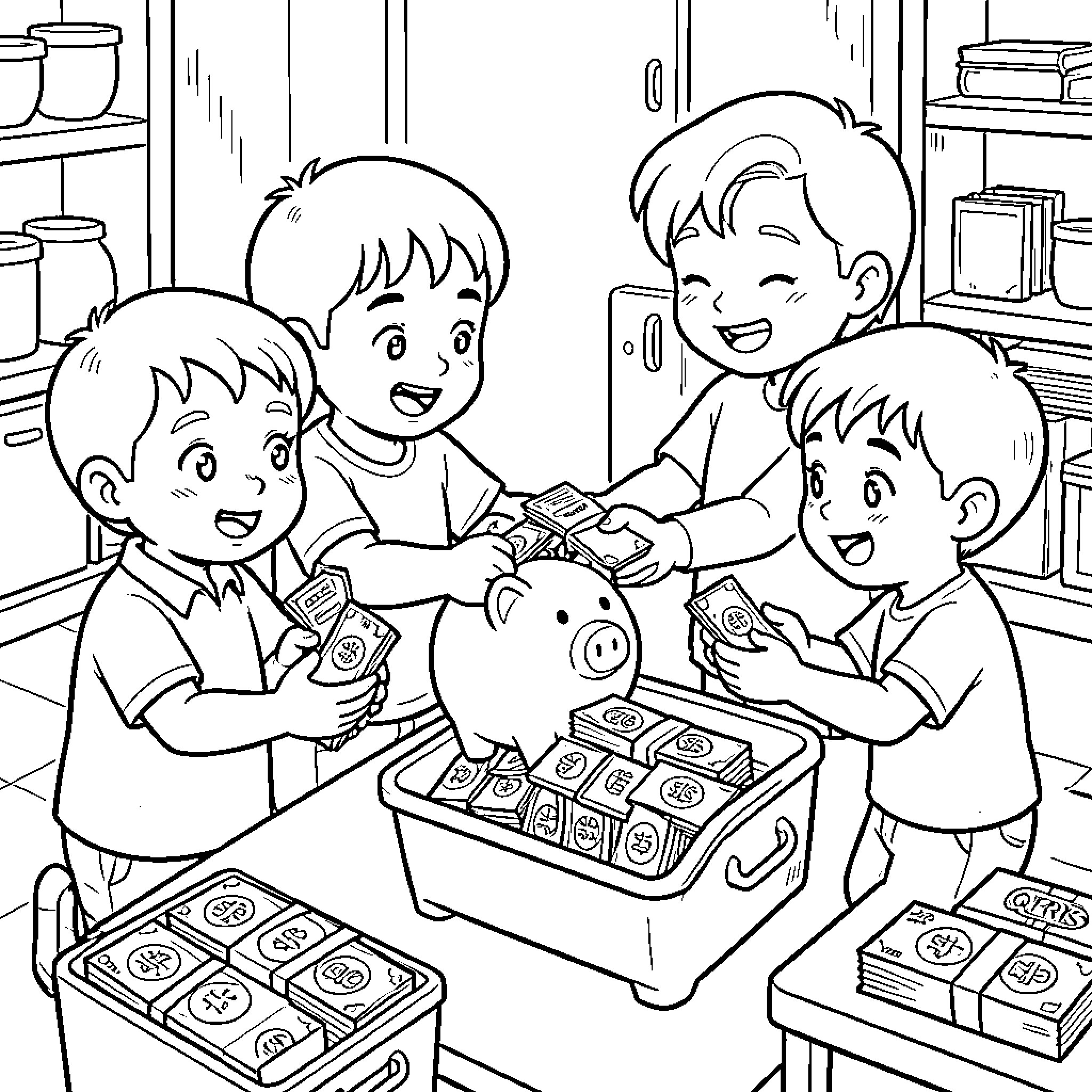 Anak boys putting money into a piggy bank Coloring Page (free black-and-white line drawing printable PDF for all, from beginners to advanced learners, including children, teens, adults, and seniors)
