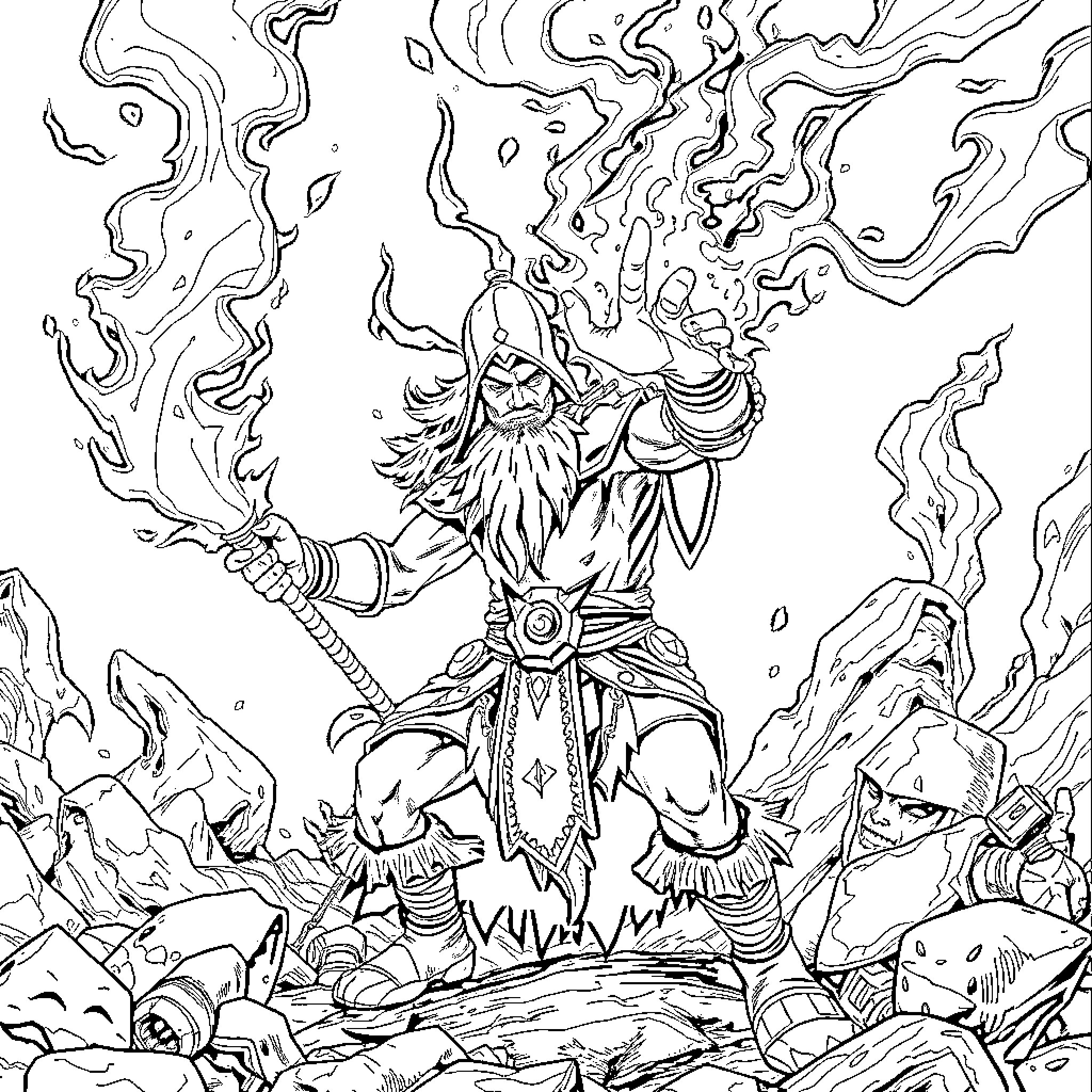 Resto Shaman wielding powerful elemental magic Coloring Page (free black-and-white line drawing printable PDF for all, from beginners to advanced learners, including children, teens, adults, and seniors)