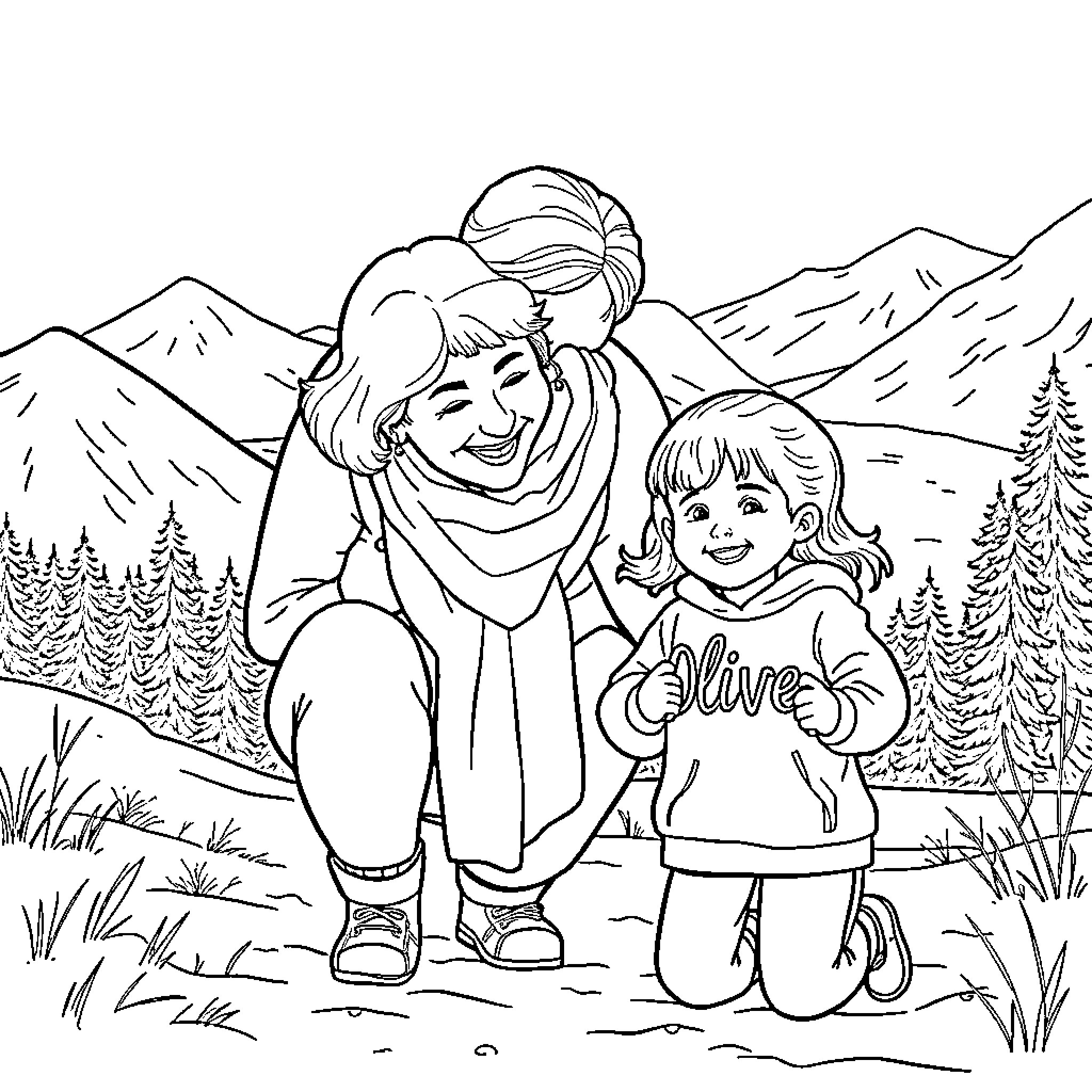 Girl and Child Enjoying Outdoor Adventure Coloring Page (free black-and-white line drawing printable PDF for all, from beginners to advanced learners, including children, teens, adults, and seniors)