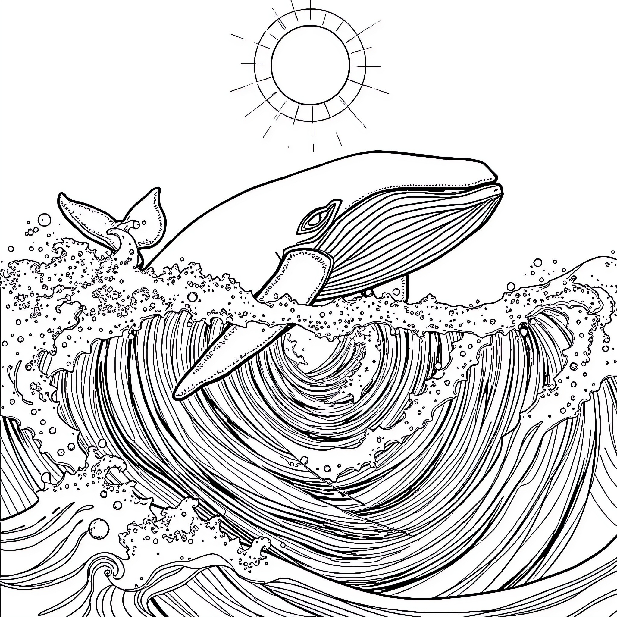 Whales swimming gracefully in the ocean Coloring Page (free black-and-white line drawing printable PDF for all, from beginners to advanced learners, including children, teens, adults, and seniors)