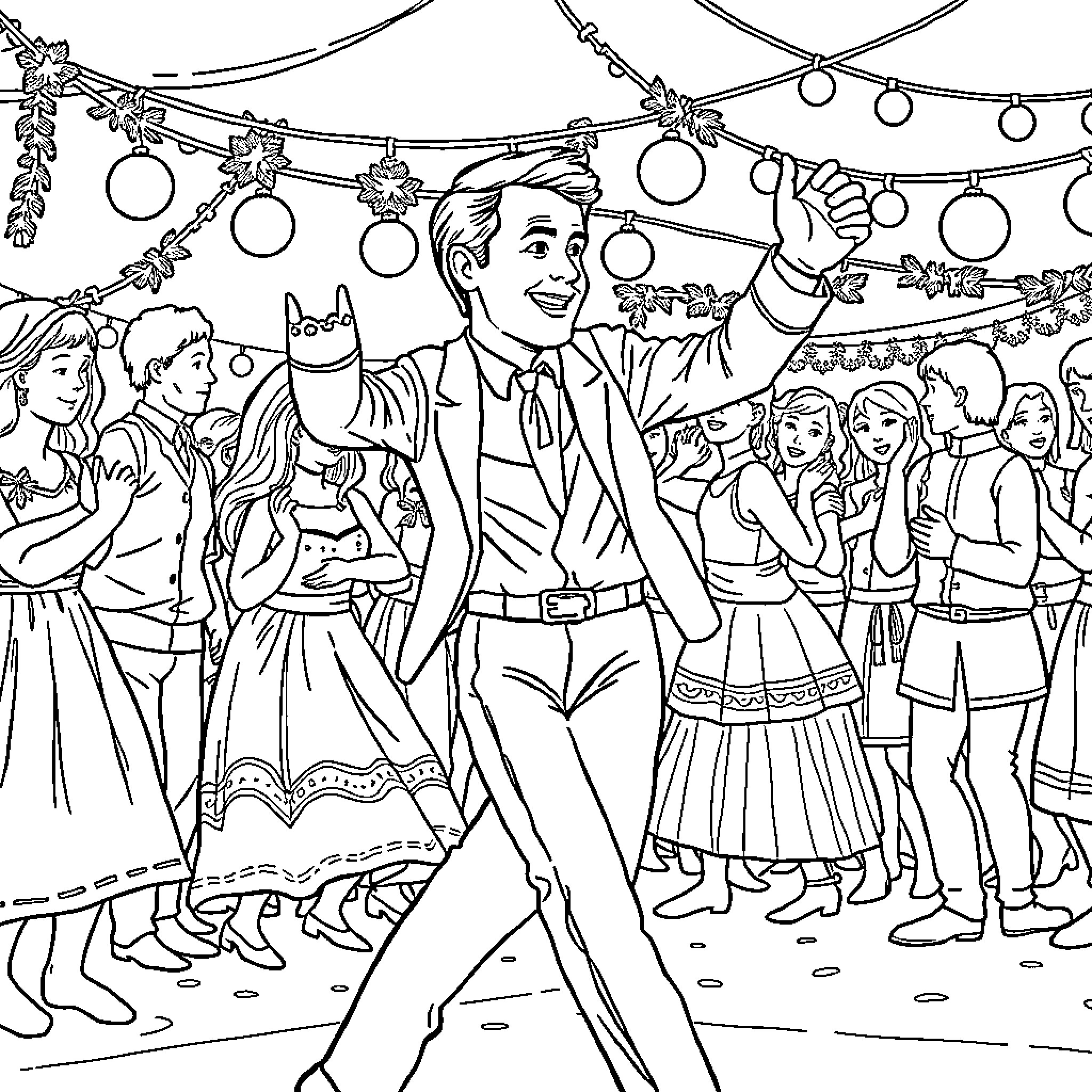 Macron celebrating with crowd at festive gathering Coloring Page (free black-and-white line drawing printable PDF for all, from beginners to advanced learners, including children, teens, adults, and seniors)