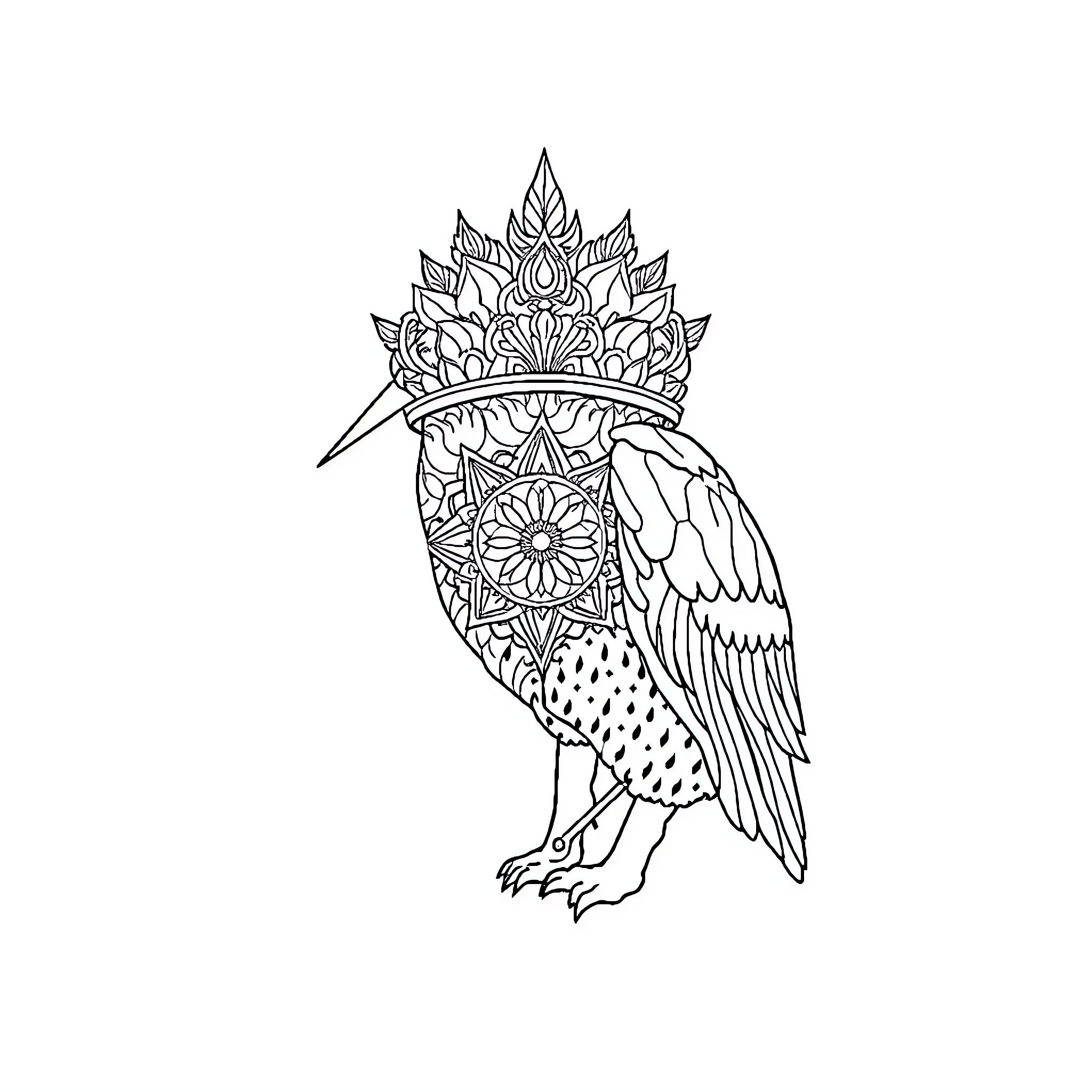 Car with intricate patterned bird figure Coloring Page (free black-and-white line drawing printable PDF for all, from beginners to advanced learners, including children, teens, adults, and seniors)