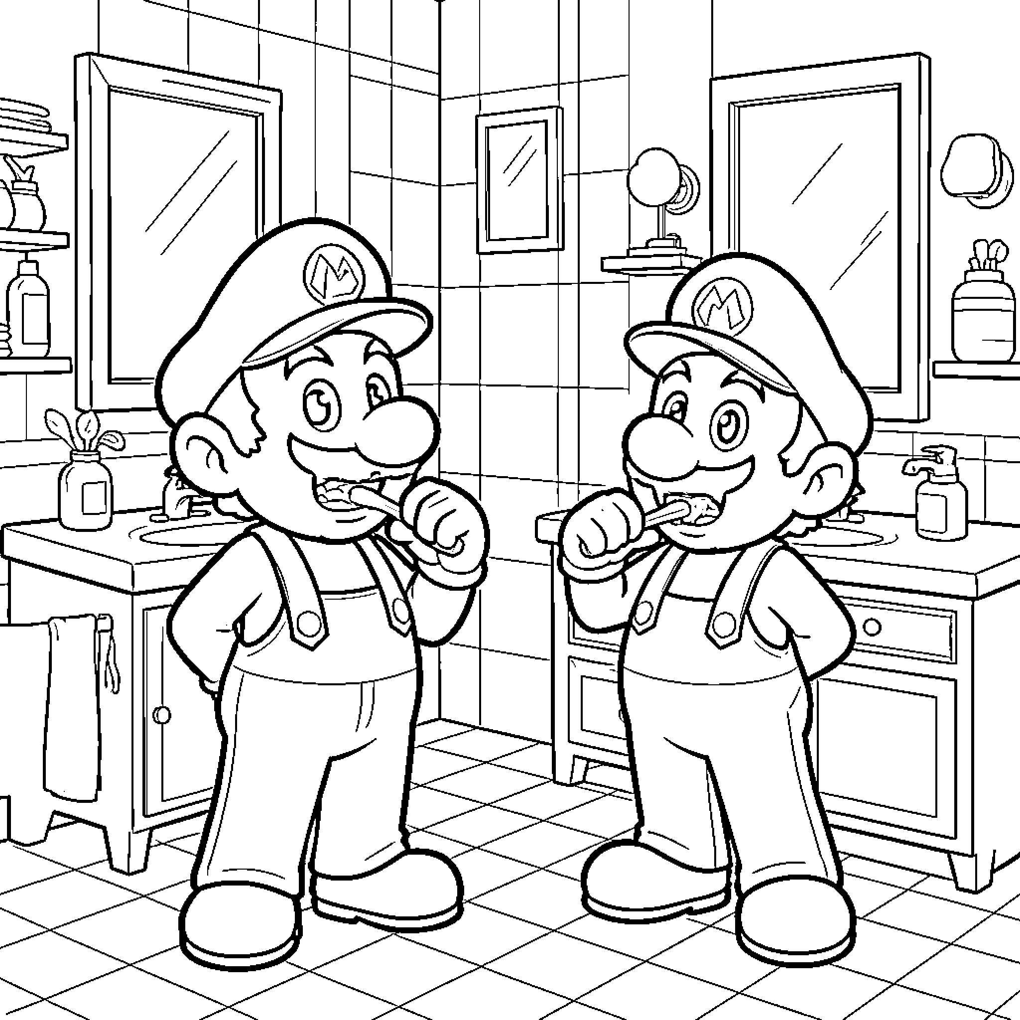 Mario Brothers Brushing Teeth in the Bathroom Coloring Page (free black-and-white line drawing printable PDF for all, from beginners to advanced learners, including children, teens, adults, and seniors)