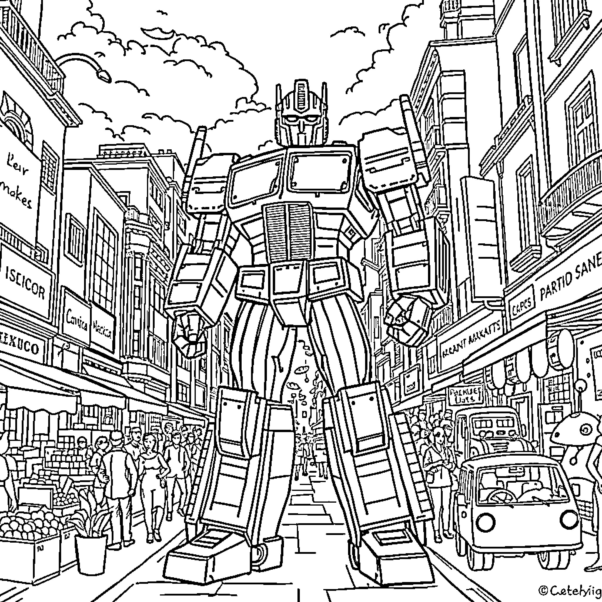 Optimus Prime towers over the bustling cityscape Coloring Page (free black-and-white line drawing printable PDF for all, from beginners to advanced learners, including children, teens, adults, and seniors)