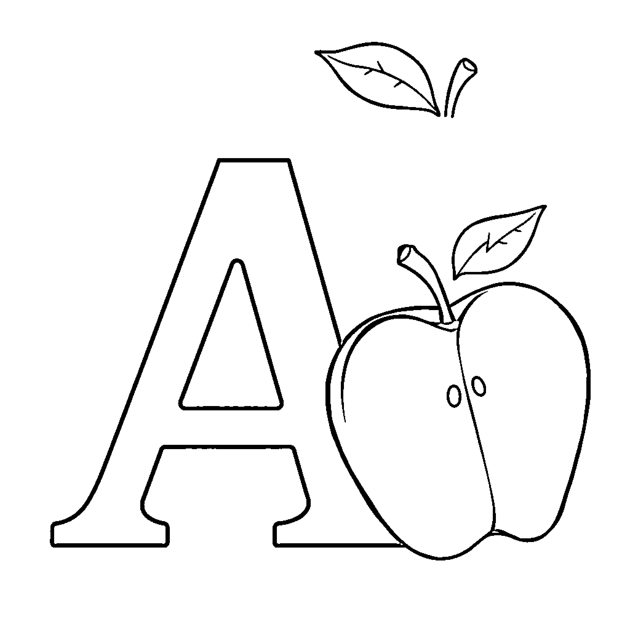 Alphabet A with apple and leaves Coloring Page (free black-and-white line drawing printable PDF for all, from beginners to advanced learners, including children, teens, adults, and seniors)