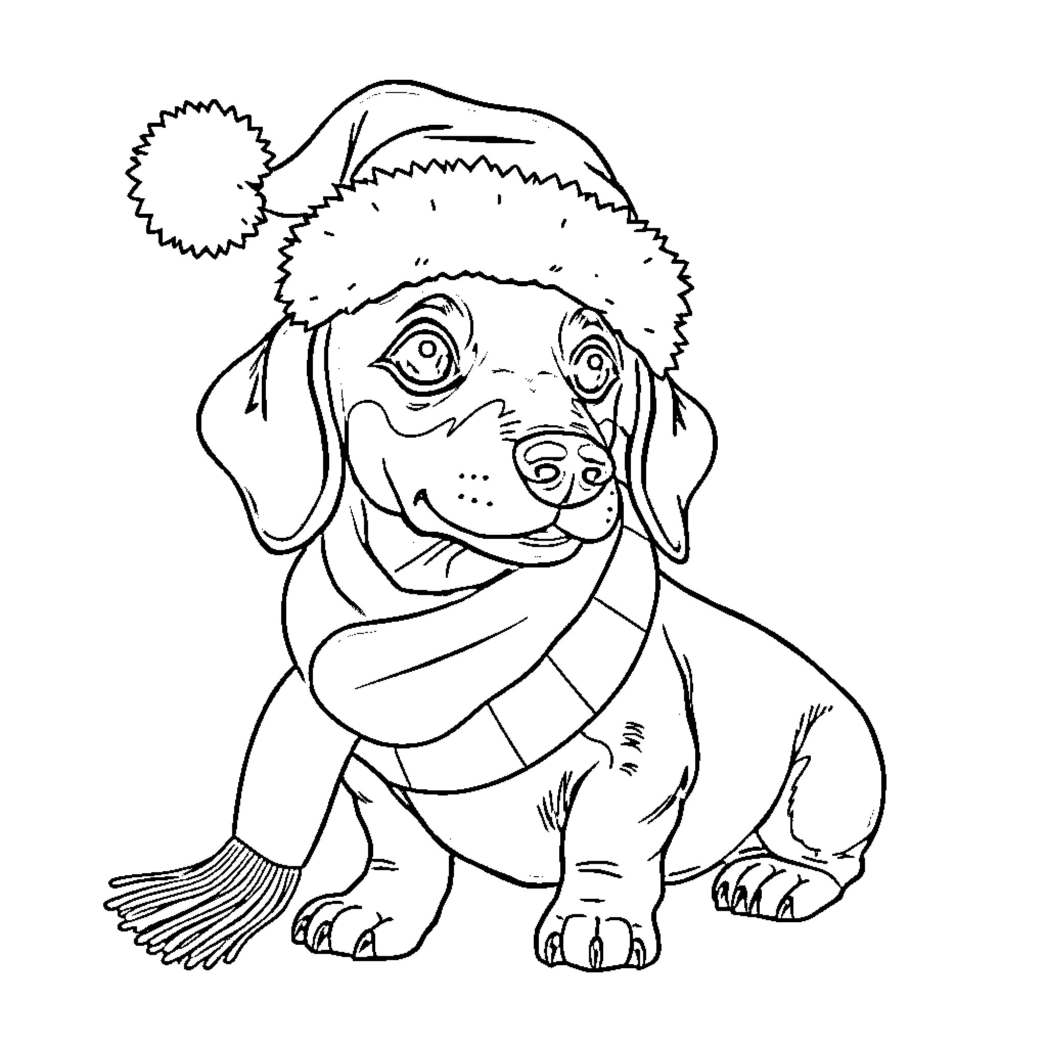 Weiner Dog wearing winter outfit and accessories Coloring Page (free black-and-white line drawing printable PDF for all, from beginners to advanced learners, including children, teens, adults, and seniors)