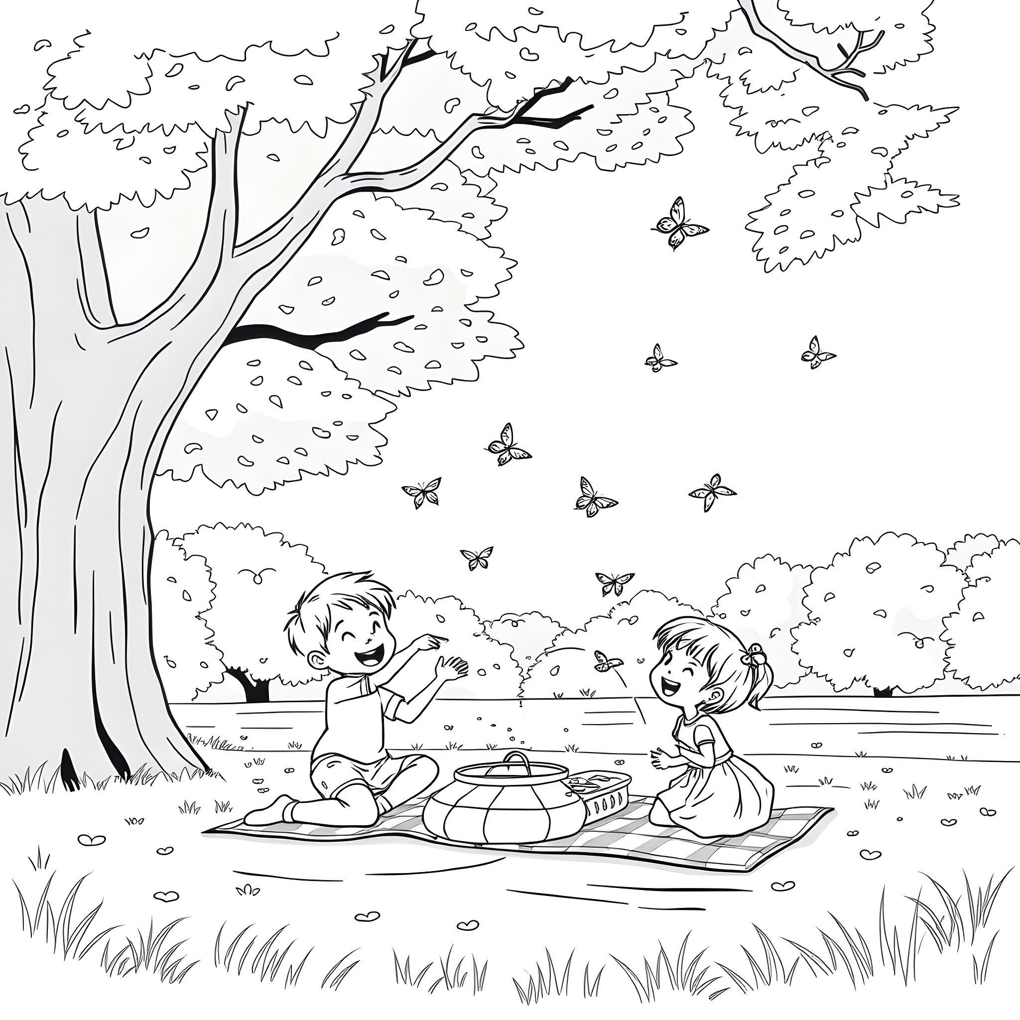 Family enjoying a picnic in the park Coloring Page (free black-and-white line drawing printable PDF for all, from beginners to advanced learners, including children, teens, adults, and seniors)
