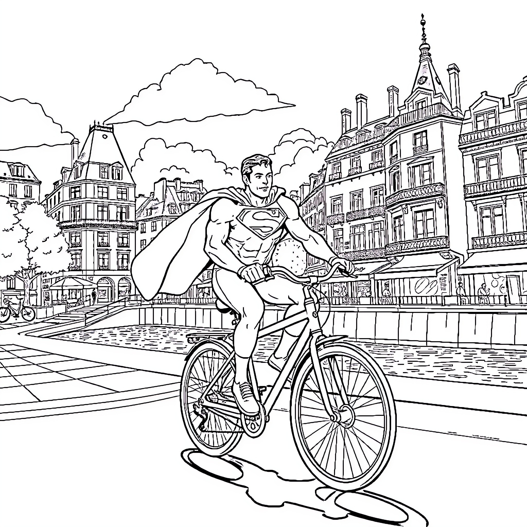 Superman riding a bicycle through a city Coloring Page (free black-and-white line drawing printable PDF for all, from beginners to advanced learners, including children, teens, adults, and seniors)
