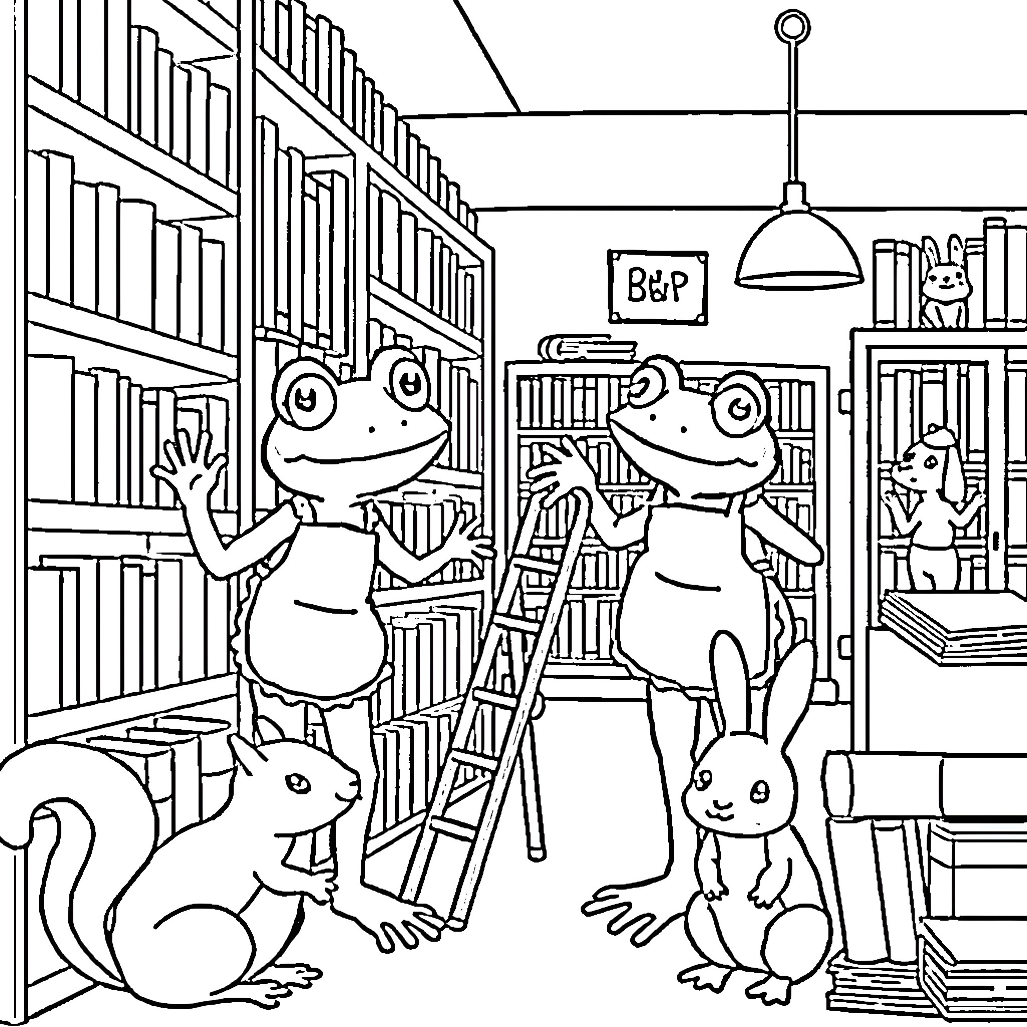 Frog friends exploring a library together Coloring Page (free black-and-white line drawing printable PDF for all, from beginners to advanced learners, including children, teens, adults, and seniors)