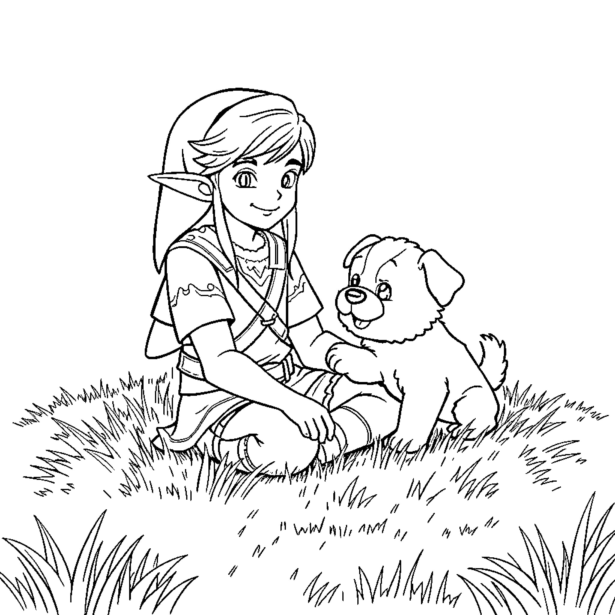 Link Playing with Loyal Companion in Grass Coloring Page (free black-and-white line drawing printable PDF for all, from beginners to advanced learners, including children, teens, adults, and seniors)