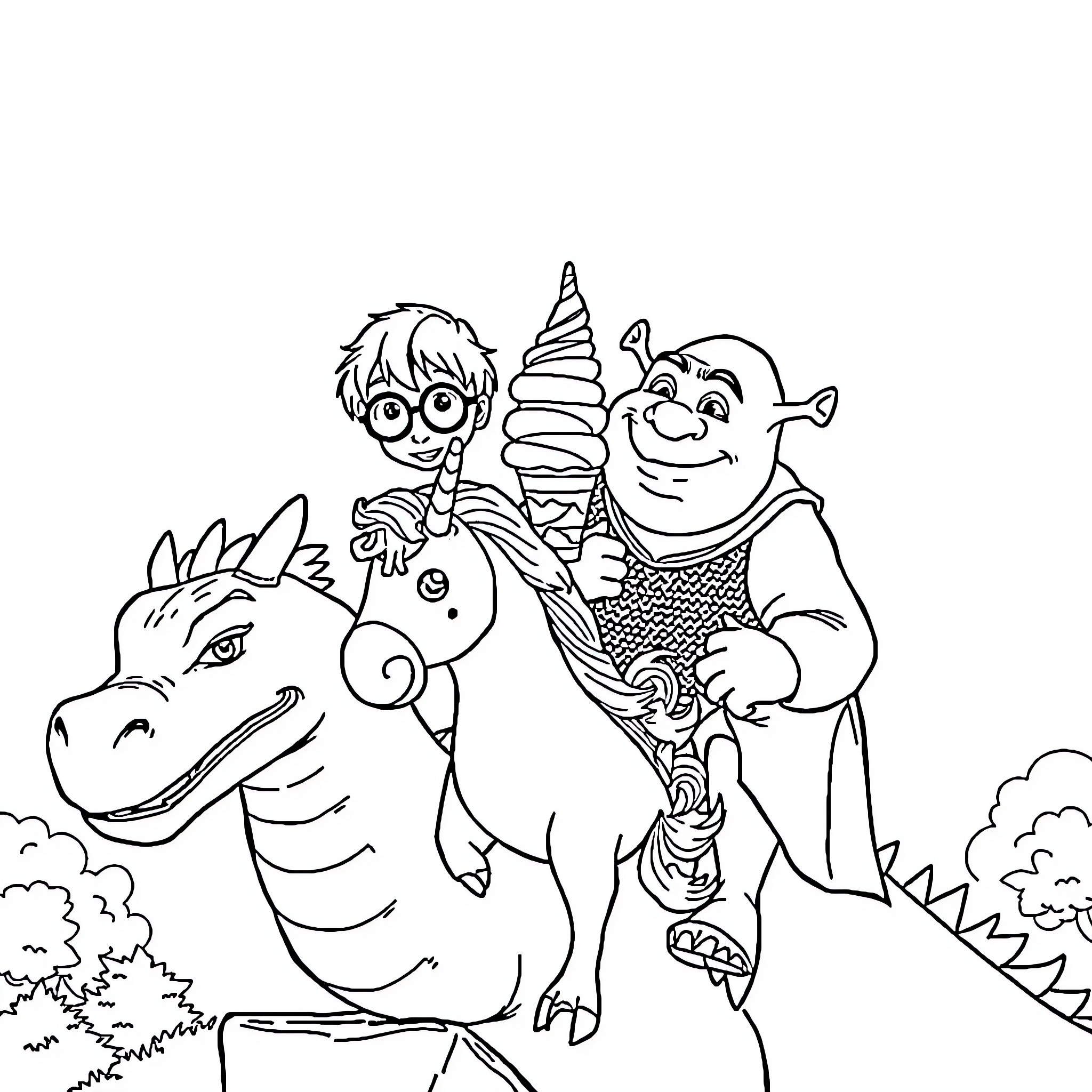 Dragon Rider and Dragon Companion in Whimsical Landscape Coloring Page (free black-and-white line drawing printable PDF for all, from beginners to advanced learners, including children, teens, adults, and seniors)