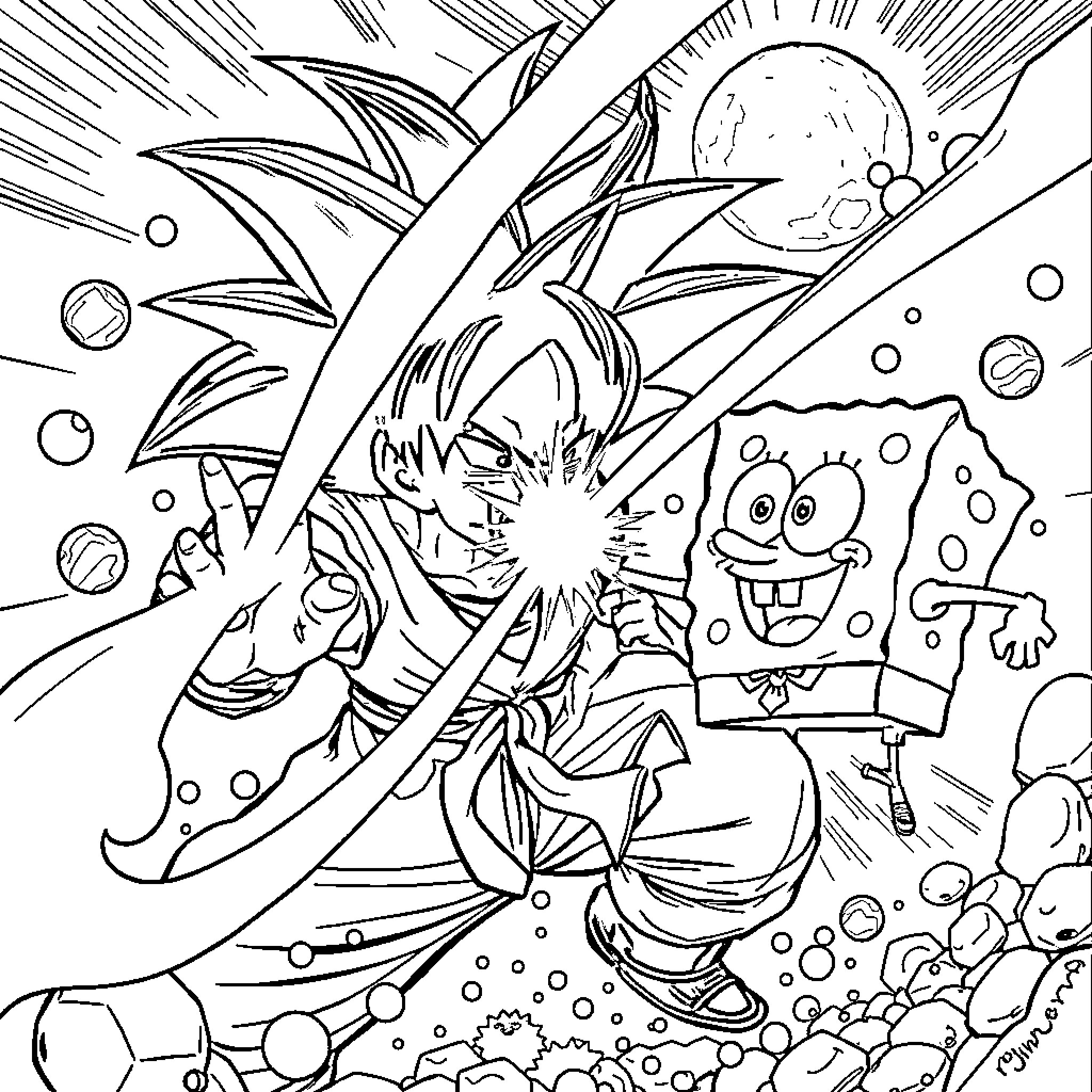 Goku's Heroic Confrontation with SpongeBob Coloring Page (free black-and-white line drawing printable PDF for all, from beginners to advanced learners, including children, teens, adults, and seniors)