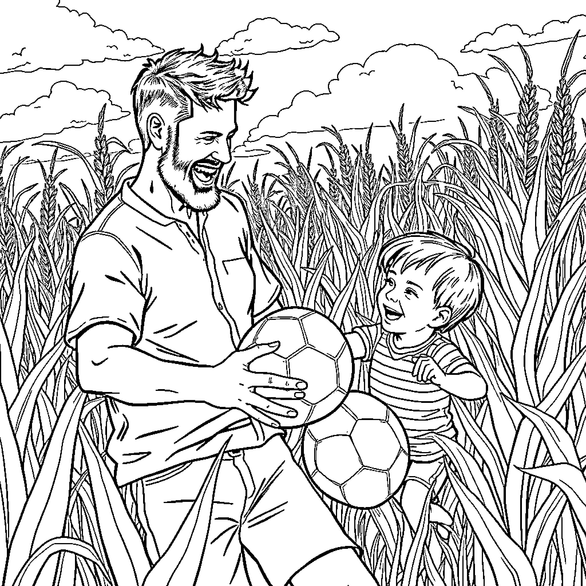 Man playing soccer with young boy in the field Coloring Page (free black-and-white line drawing printable PDF for all, from beginners to advanced learners, including children, teens, adults, and seniors)