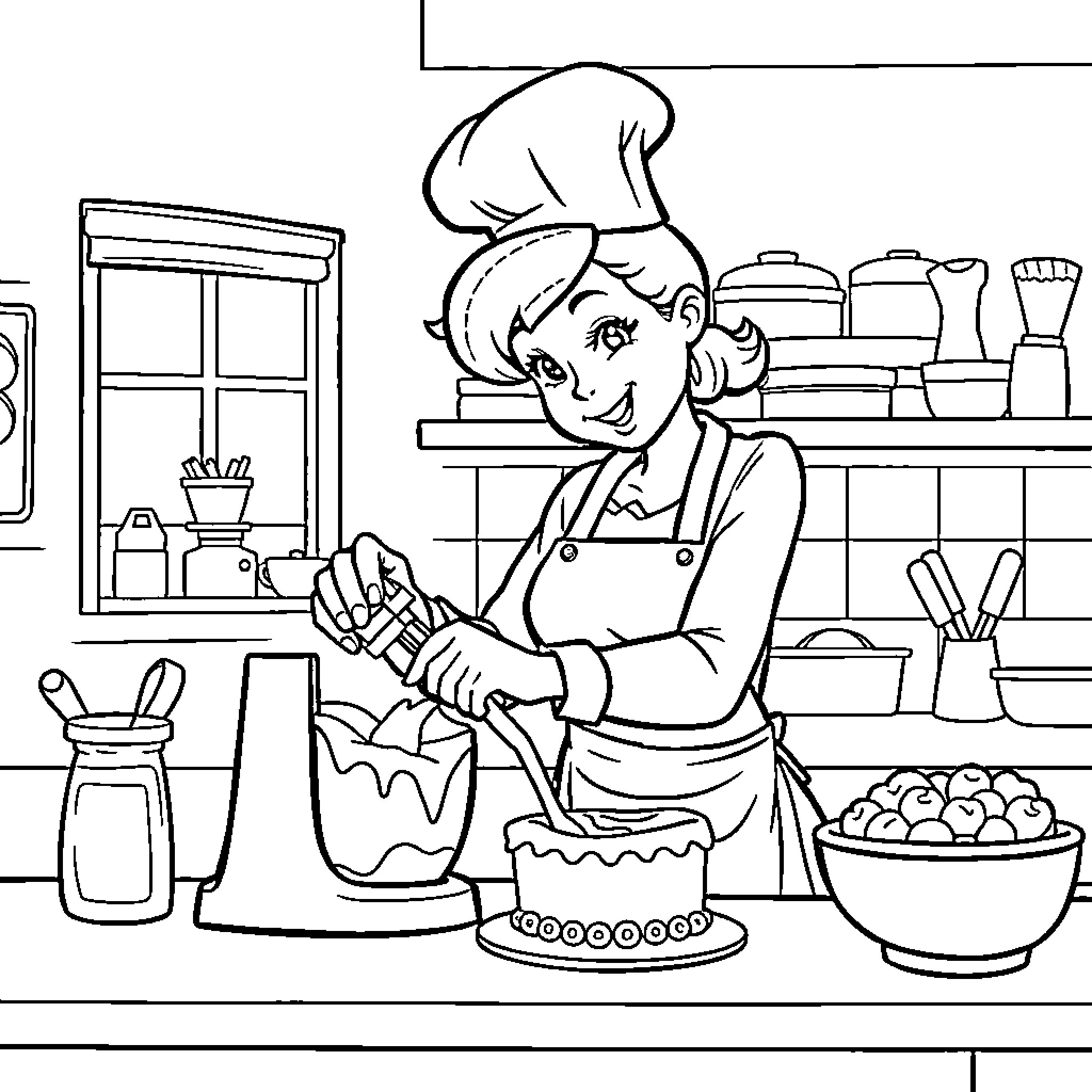 Chef preparing a delightful dessert in the kitchen Coloring Page (free black-and-white line drawing printable PDF for all, from beginners to advanced learners, including children, teens, adults, and seniors)