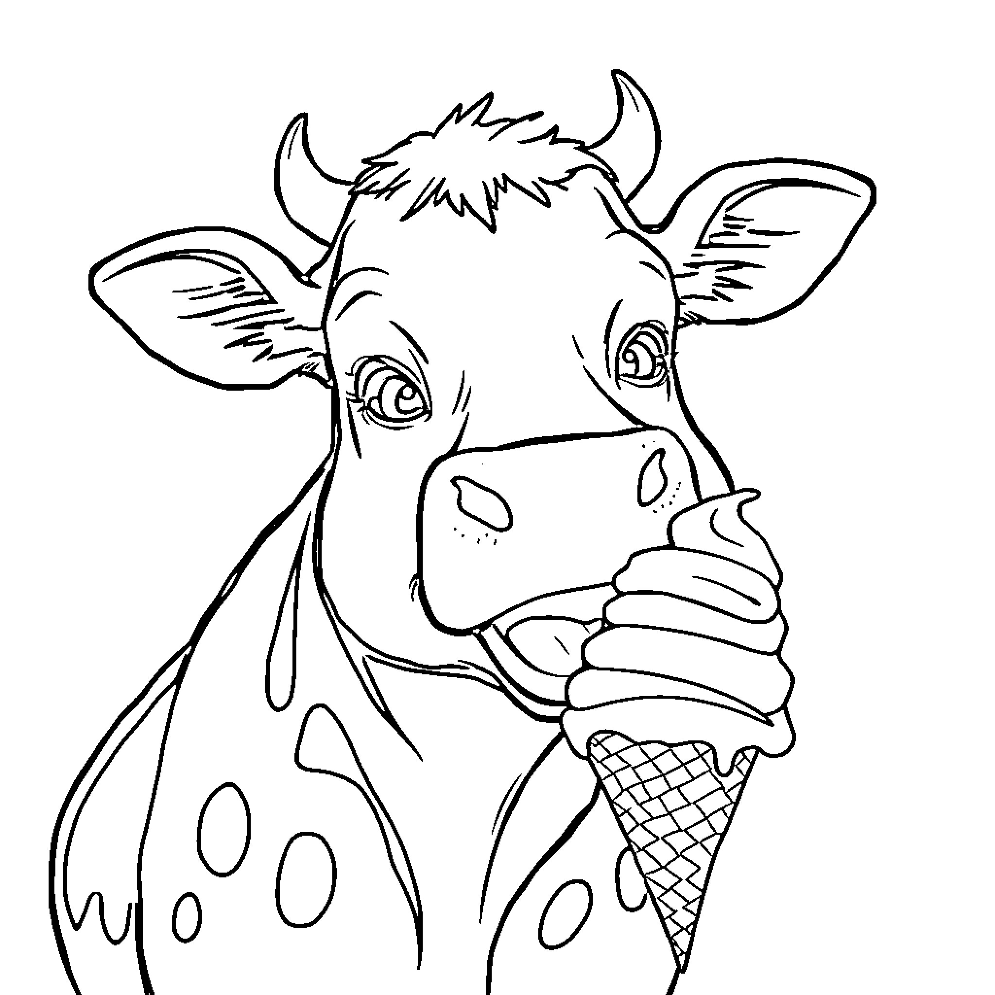 Bull enjoying a delightful ice cream cone Coloring Page (free black-and-white line drawing printable PDF for all, from beginners to advanced learners, including children, teens, adults, and seniors)