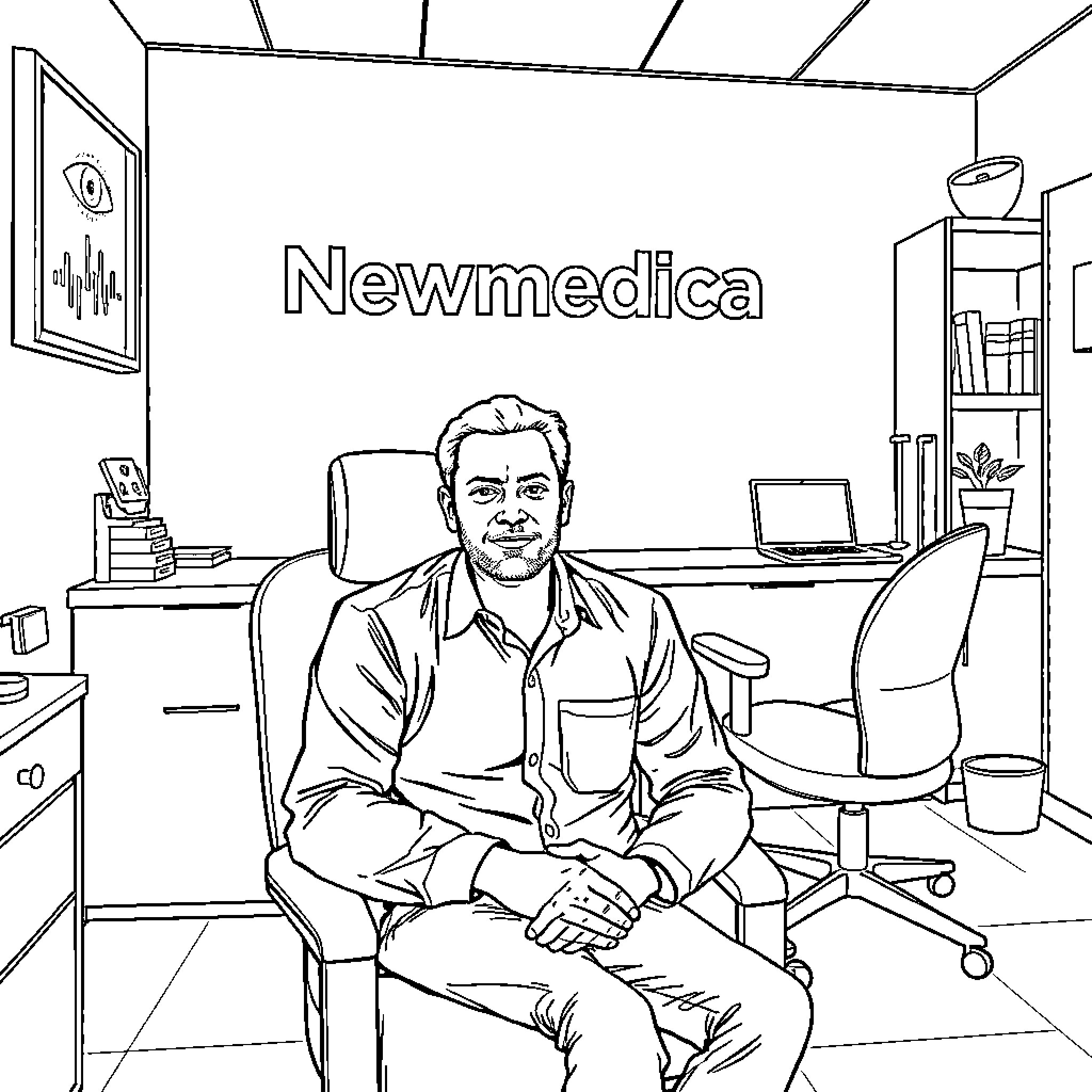 Man sits in medical office with medical equipment Coloring Page (free black-and-white line drawing printable PDF for all, from beginners to advanced learners, including children, teens, adults, and seniors)