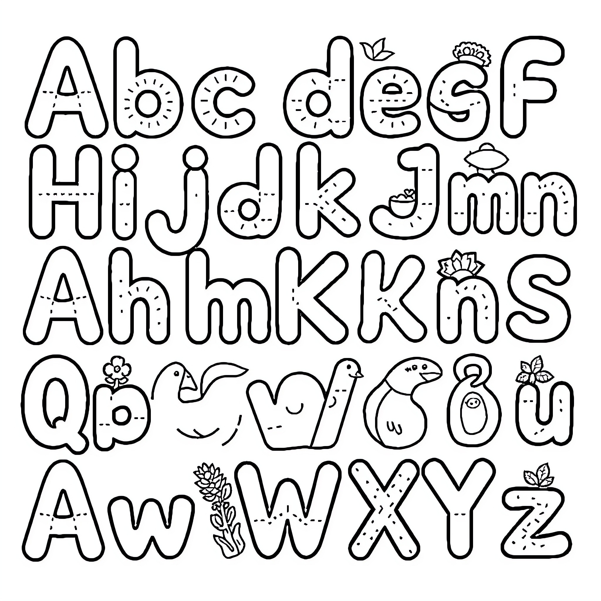 Alphabet characters with playful designs and patterns Coloring Page (free black-and-white line drawing printable PDF for all, from beginners to advanced learners, including children, teens, adults, and seniors)