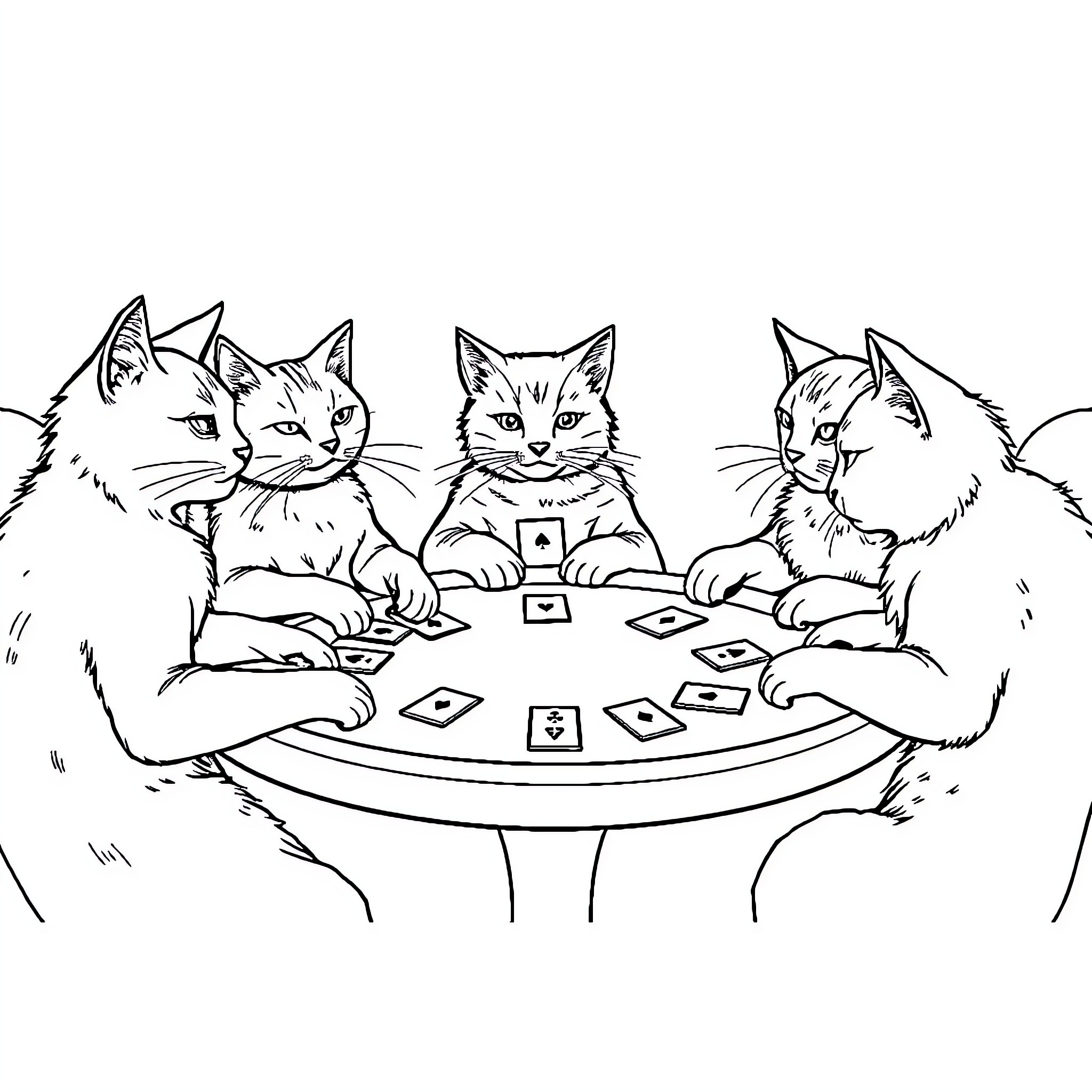 Cats Playing Card Game Together Coloring Page (free black-and-white line drawing printable PDF for all, from beginners to advanced learners, including children, teens, adults, and seniors)