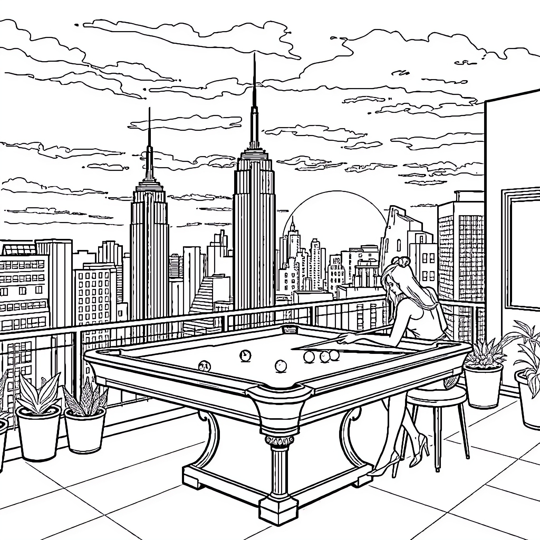 Angela enjoys pool game with skyline view Coloring Page (free black-and-white line drawing printable PDF for all, from beginners to advanced learners, including children, teens, adults, and seniors)