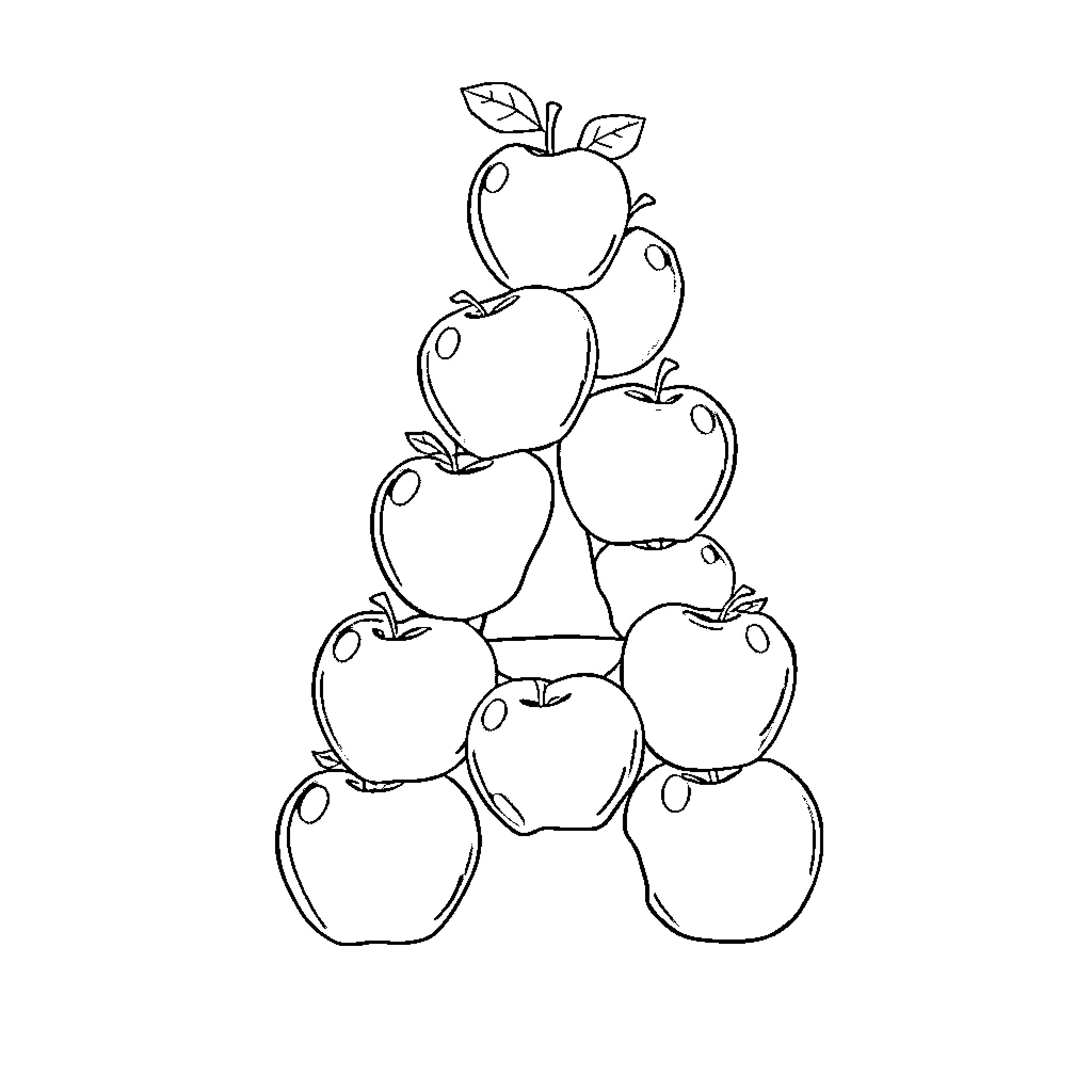 Letter A Apples Stacked in Pyramid Coloring Page (free black-and-white line drawing printable PDF for all, from beginners to advanced learners, including children, teens, adults, and seniors)