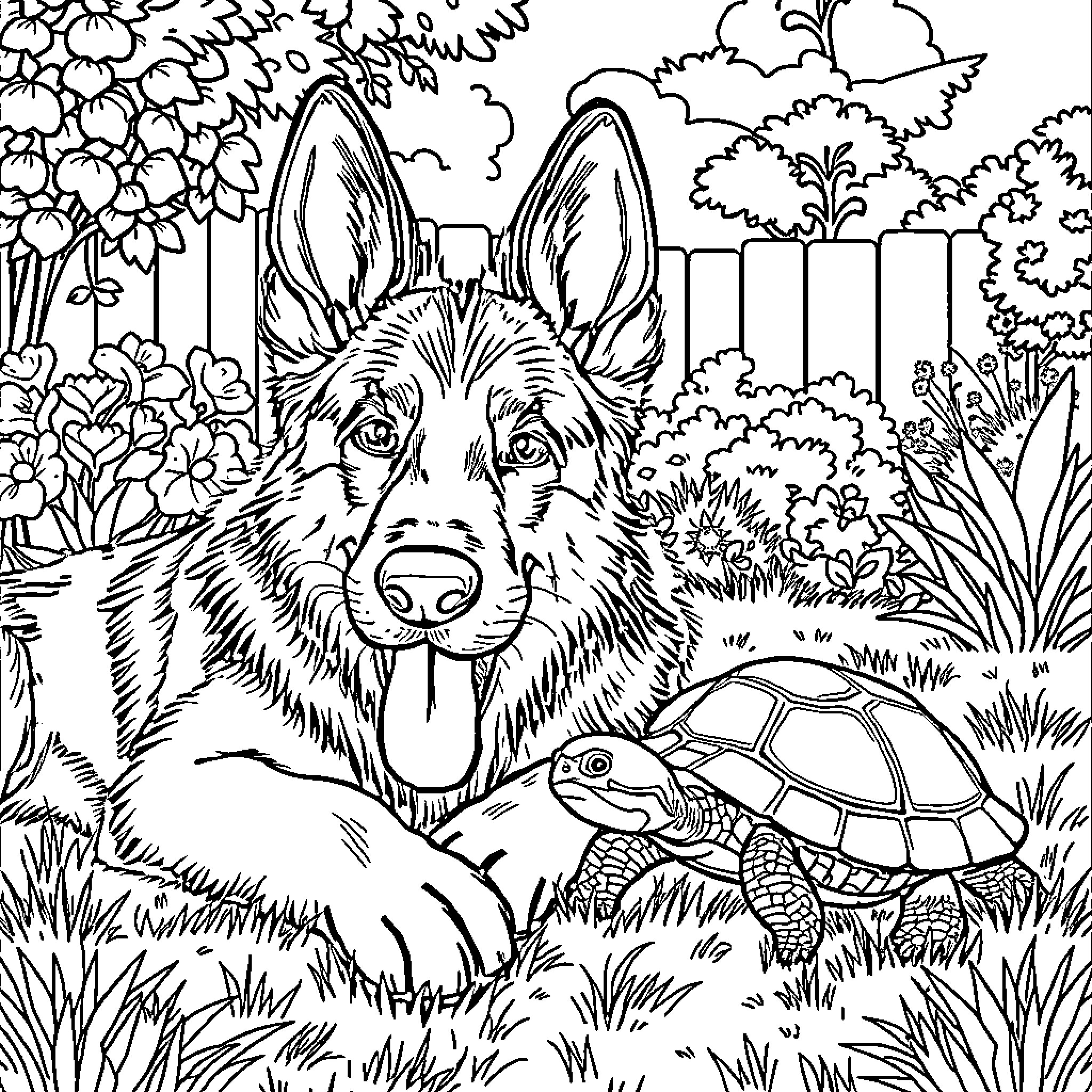 German Shepherd Guarding Turtle in Lush Garden Coloring Page (free black-and-white line drawing printable PDF for all, from beginners to advanced learners, including children, teens, adults, and seniors)