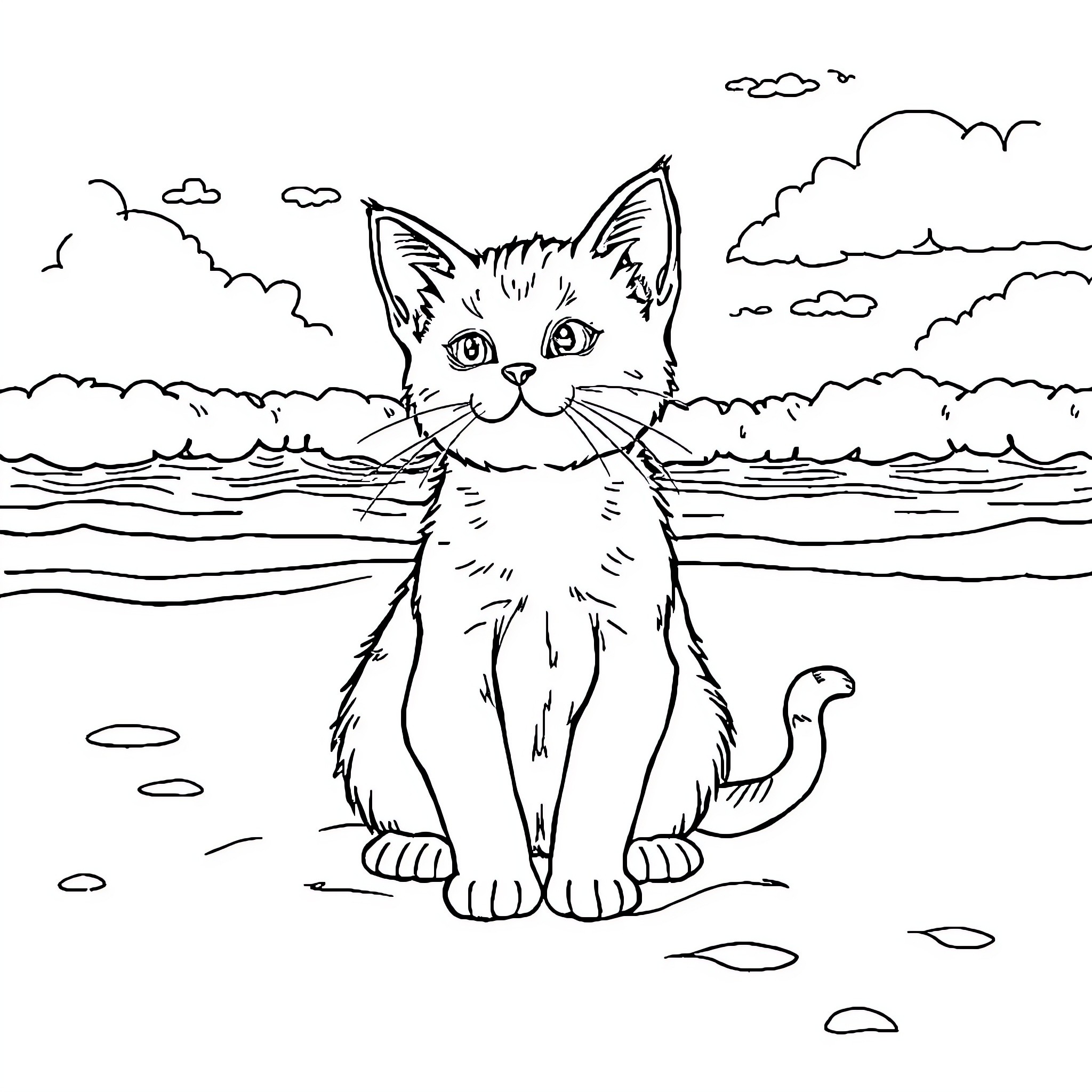 Cat enjoying scenic coastal view Coloring Page (free black-and-white line drawing printable PDF for all, from beginners to advanced learners, including children, teens, adults, and seniors)