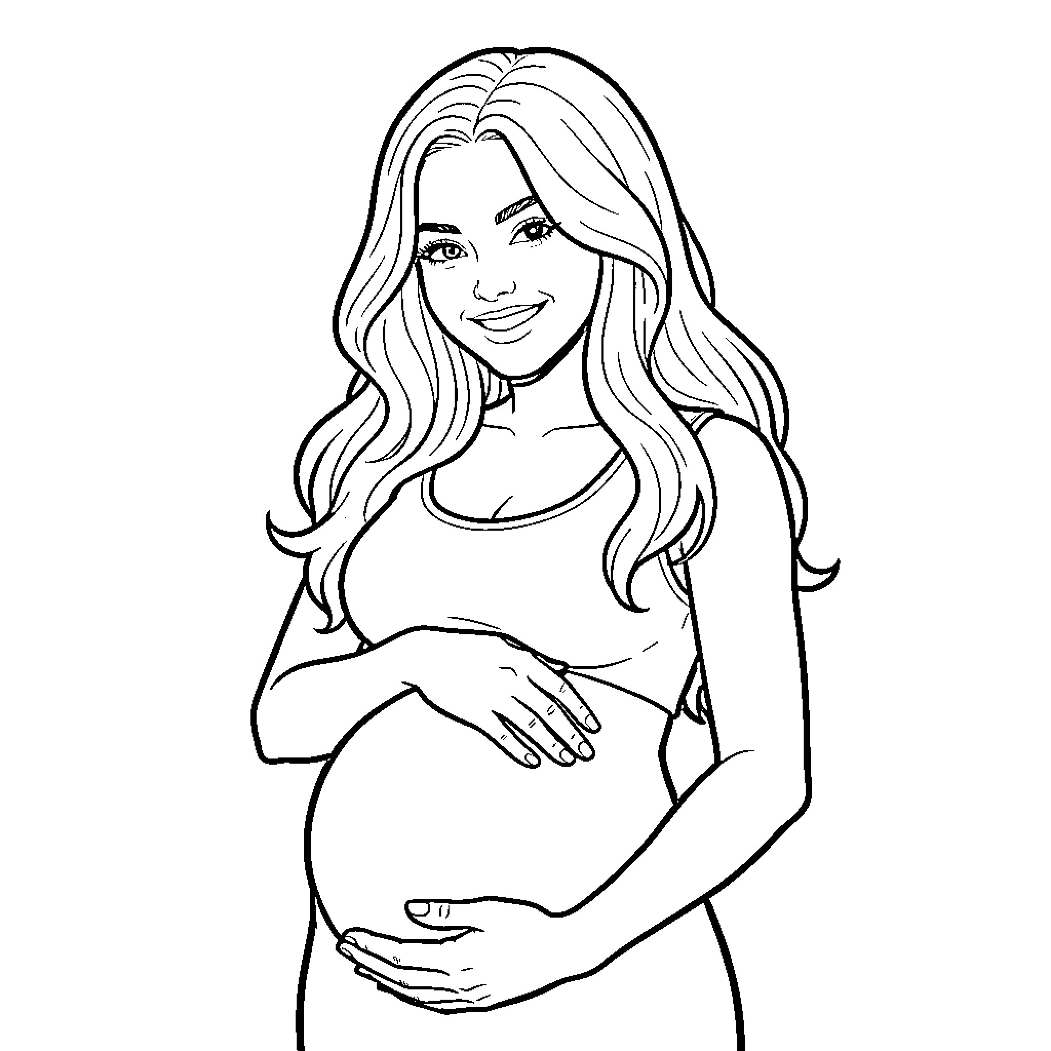 Ariana Grande smiling and cradling her pregnant belly Coloring Page (free black-and-white line drawing printable PDF for all, from beginners to advanced learners, including children, teens, adults, and seniors)