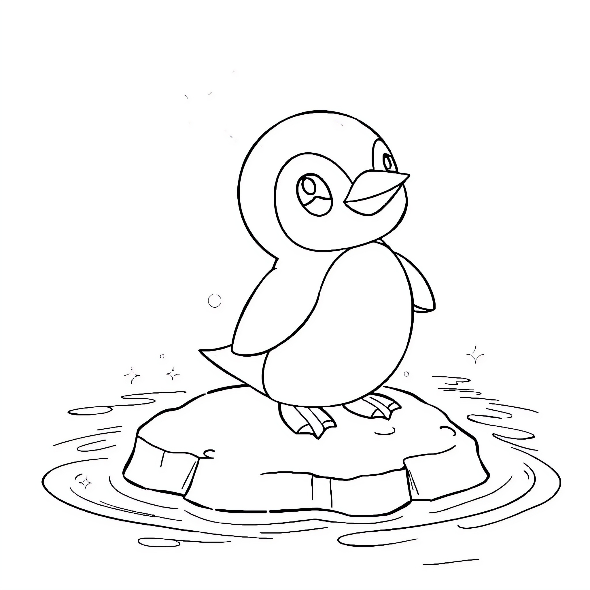 Piplup playing happily on ice floe Coloring Page (free black-and-white line drawing printable PDF for all, from beginners to advanced learners, including children, teens, adults, and seniors)