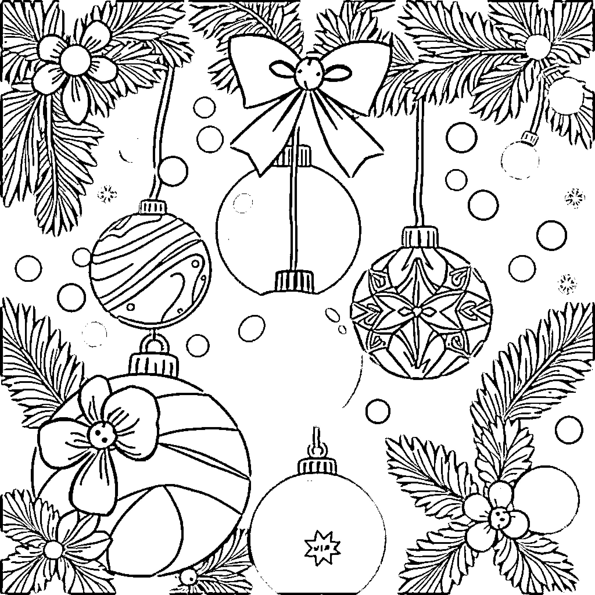 Christmas Ornaments and Decorations Coloring Page (free black-and-white line drawing printable PDF for all, from beginners to advanced learners, including children, teens, adults, and seniors)