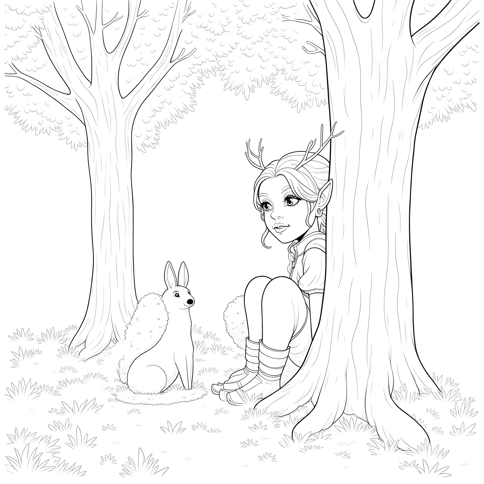 Elven Girl Observing Rabbit in Enchanted Forest Coloring Page (free black-and-white line drawing printable PDF for all, from beginners to advanced learners, including children, teens, adults, and seniors)