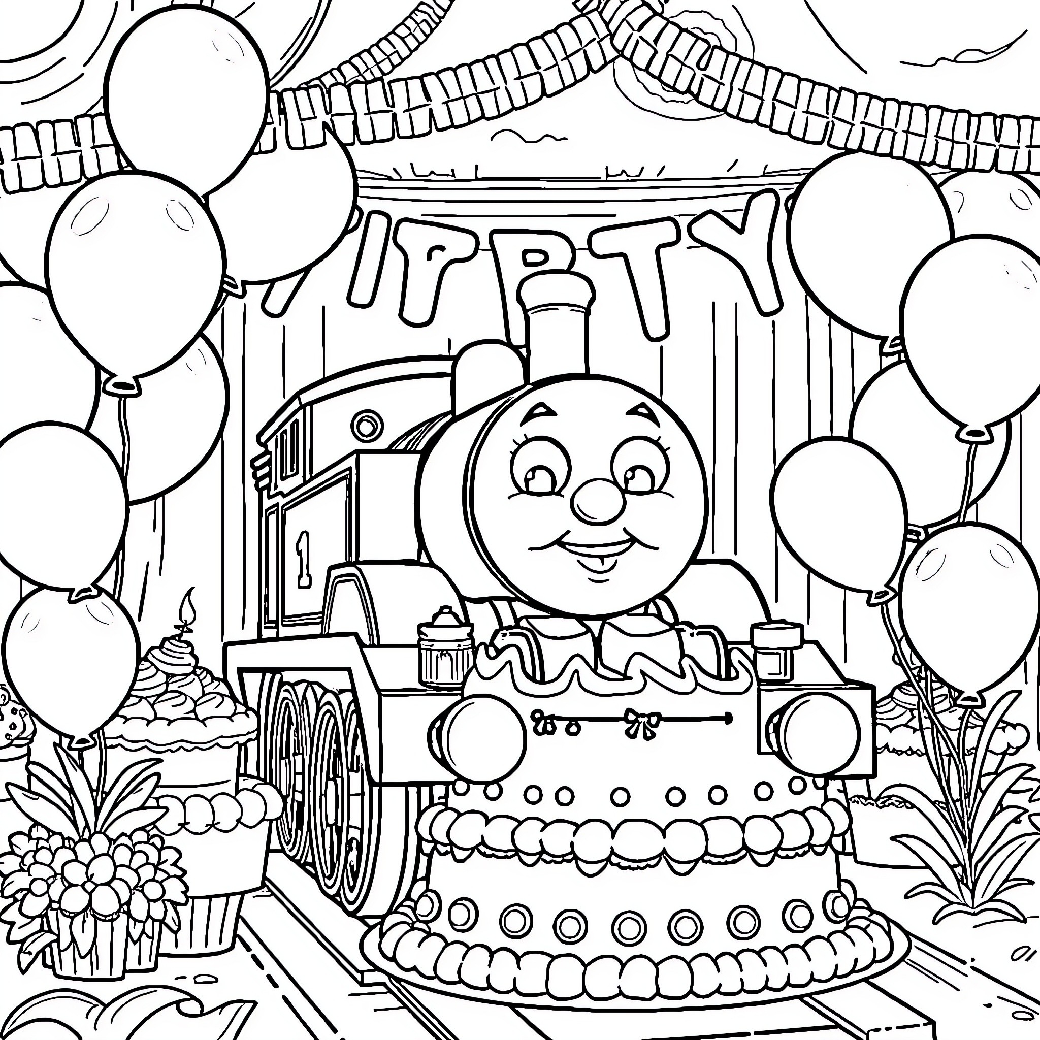 Thomas the Train Celebrates a Joyful Birthday Party Coloring Page (free black-and-white line drawing printable PDF for all, from beginners to advanced learners, including children, teens, adults, and seniors)