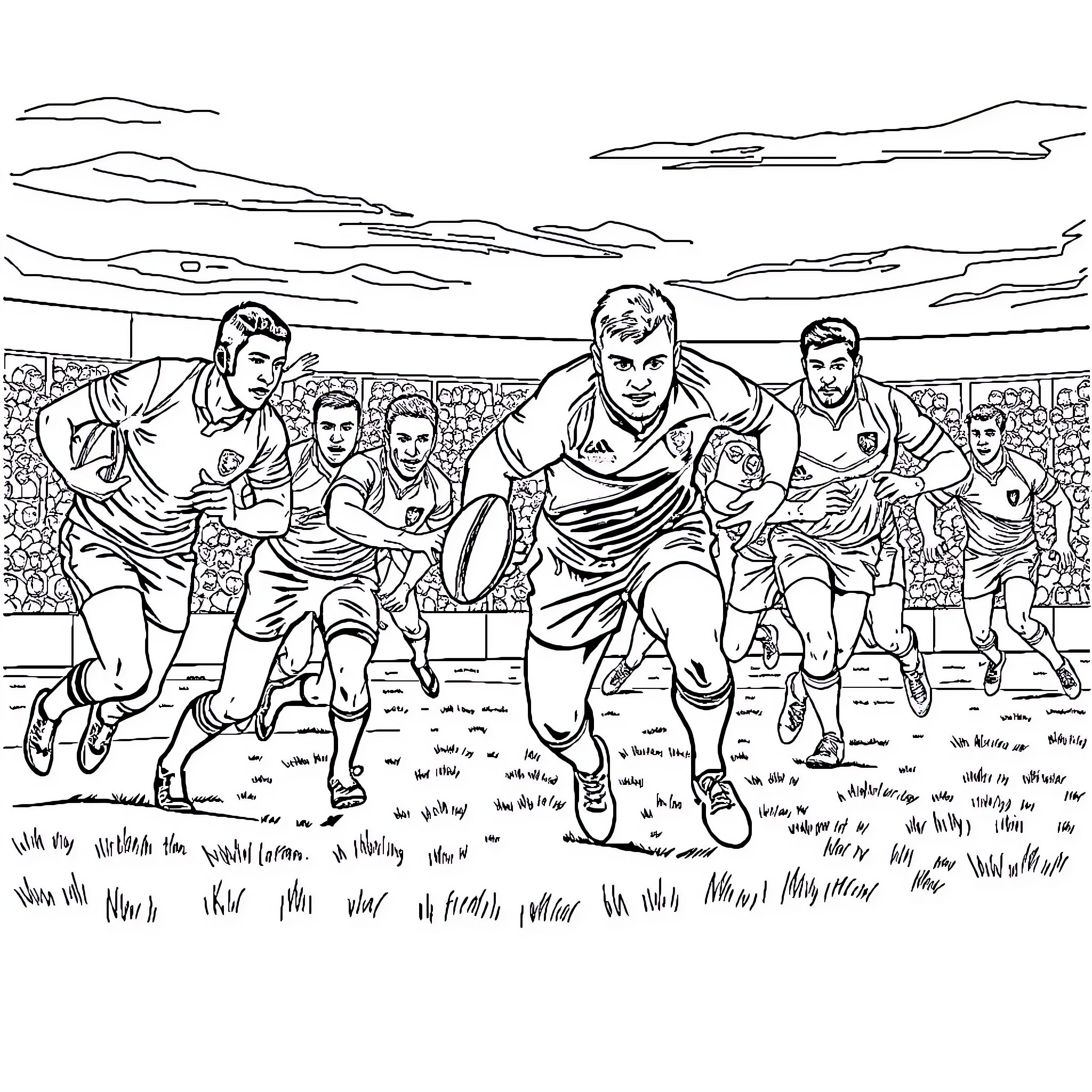 Rugby players in action on the field Coloring Page (free black-and-white line drawing printable PDF for all, from beginners to advanced learners, including children, teens, adults, and seniors)