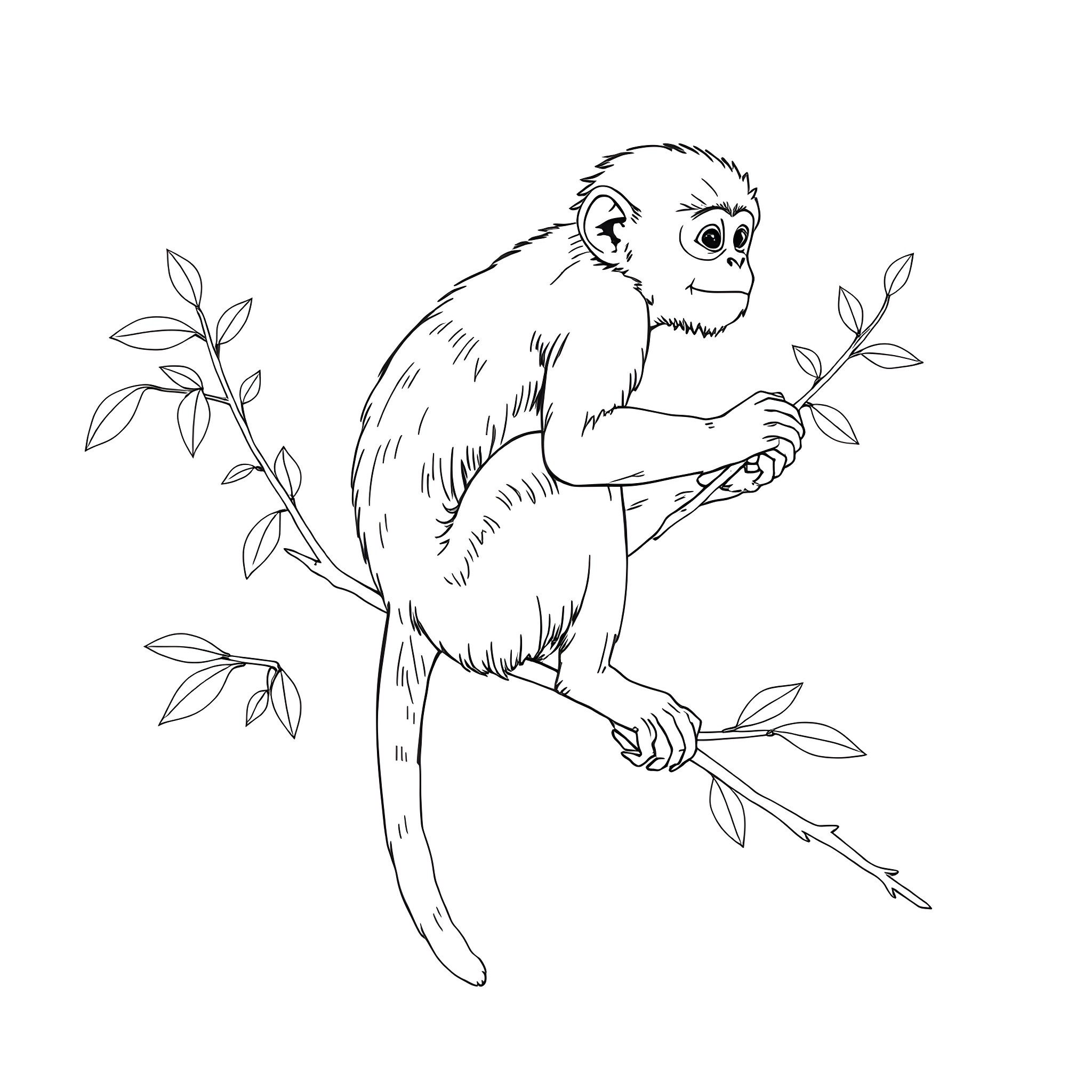 Monkey sitting on tree branch Coloring Page (free black-and-white line drawing printable PDF for all, from beginners to advanced learners, including children, teens, adults, and seniors)