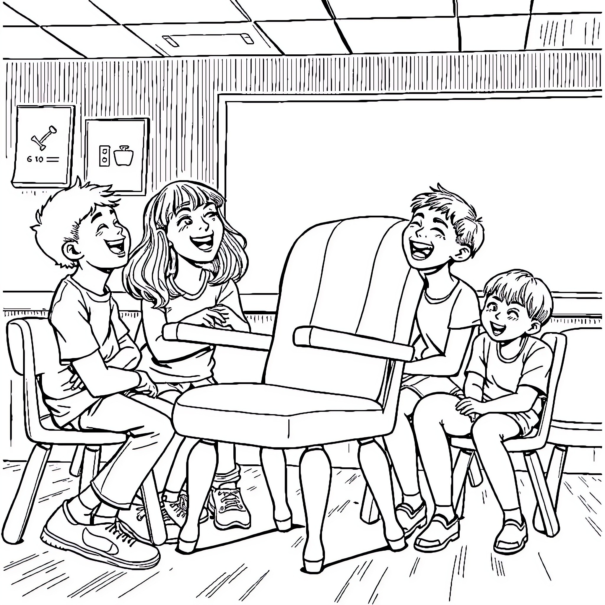 Chair filled with a family enjoying time together Coloring Page (free black-and-white line drawing printable PDF for all, from beginners to advanced learners, including children, teens, adults, and seniors)
