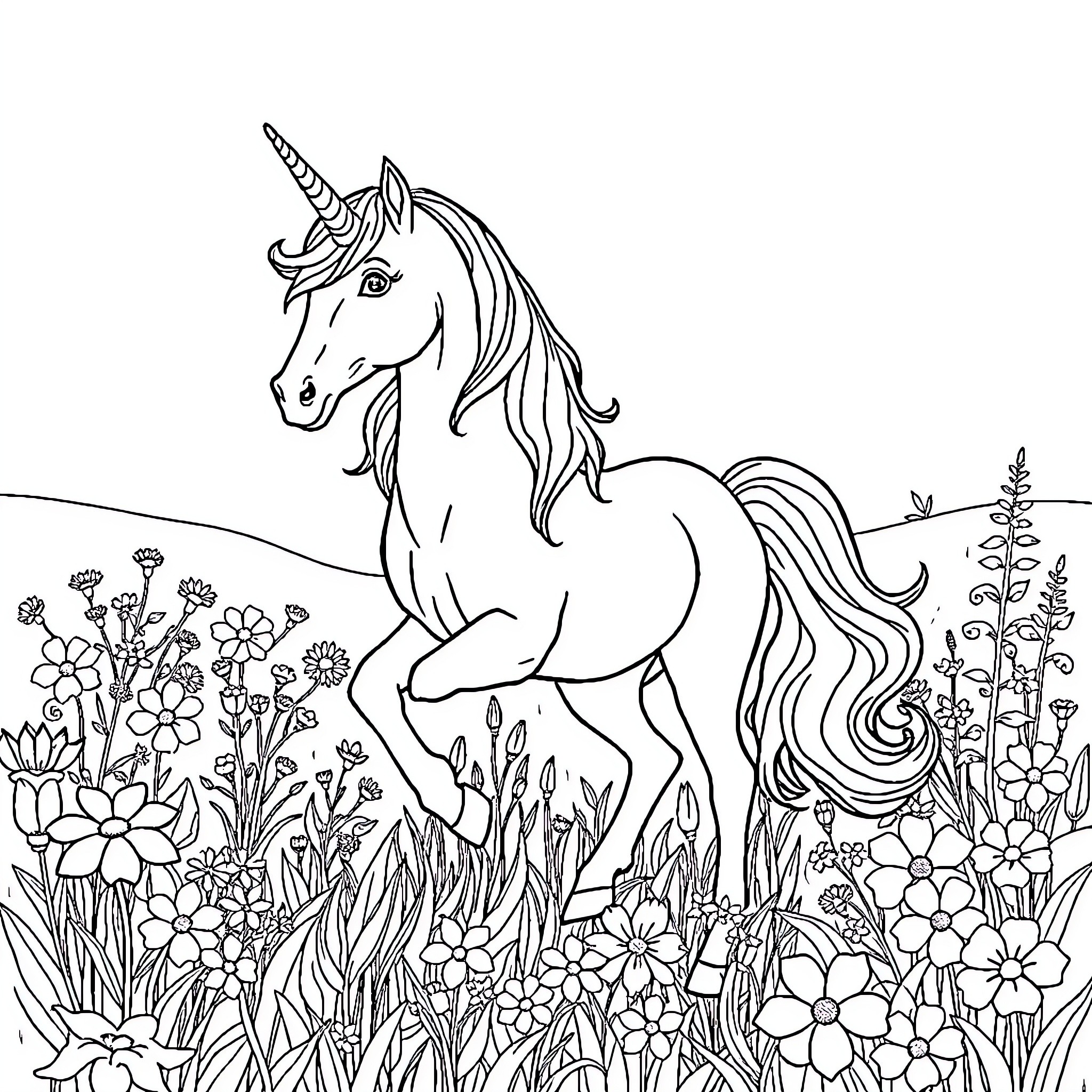 Unicorn amidst a blooming meadow Coloring Page (free black-and-white line drawing printable PDF for all, from beginners to advanced learners, including children, teens, adults, and seniors)