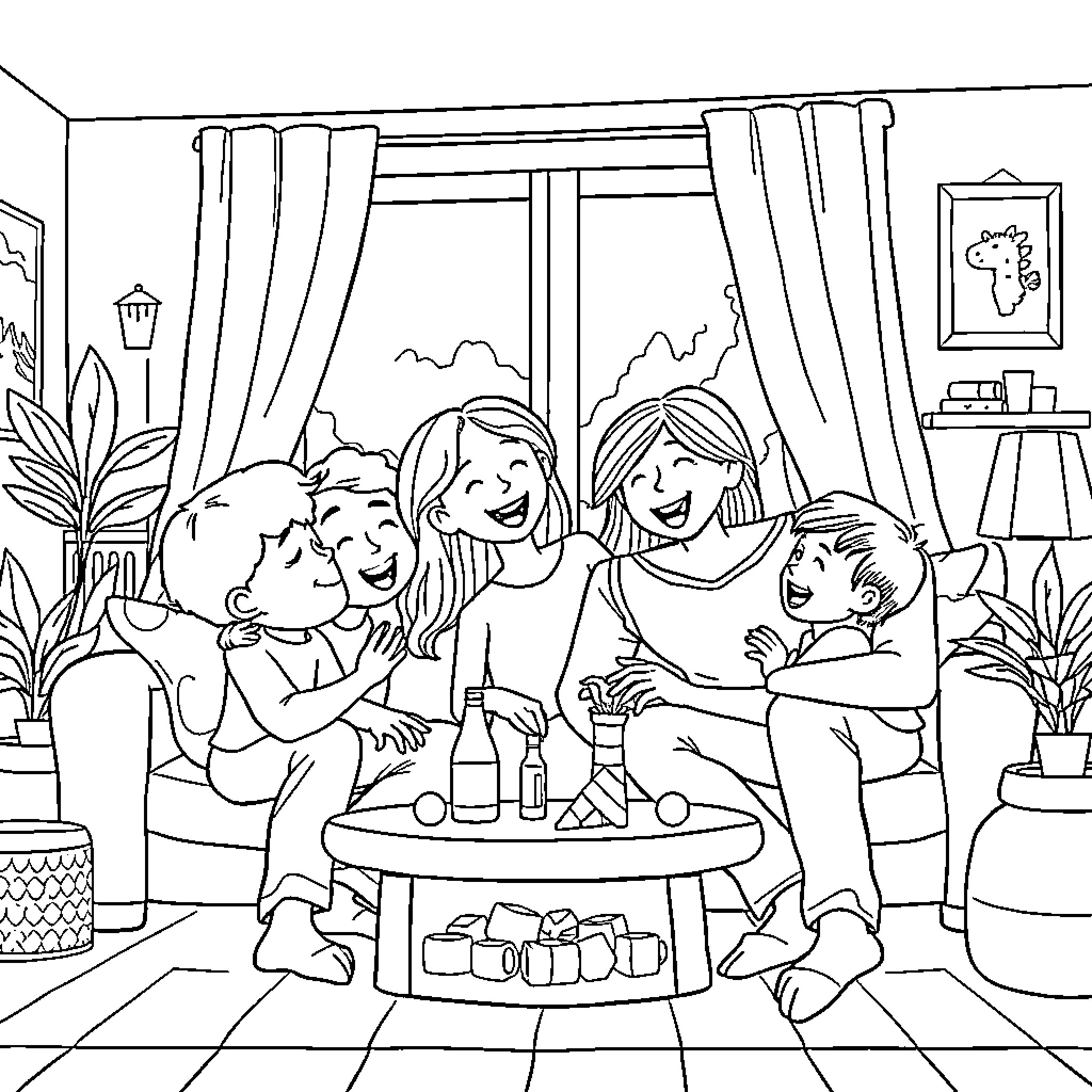 Family enjoying quality time together Coloring Page (free black-and-white line drawing printable PDF for all, from beginners to advanced learners, including children, teens, adults, and seniors)