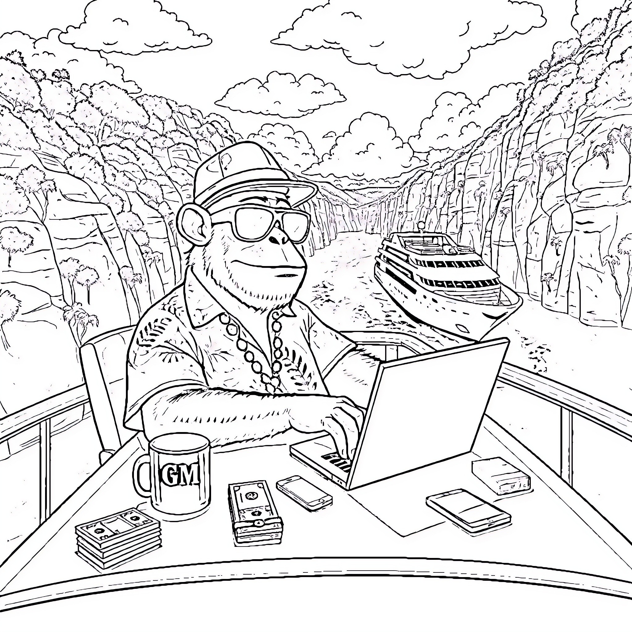 Ape Working Remotely in Nature Coloring Page (free black-and-white line drawing printable PDF for all, from beginners to advanced learners, including children, teens, adults, and seniors)
