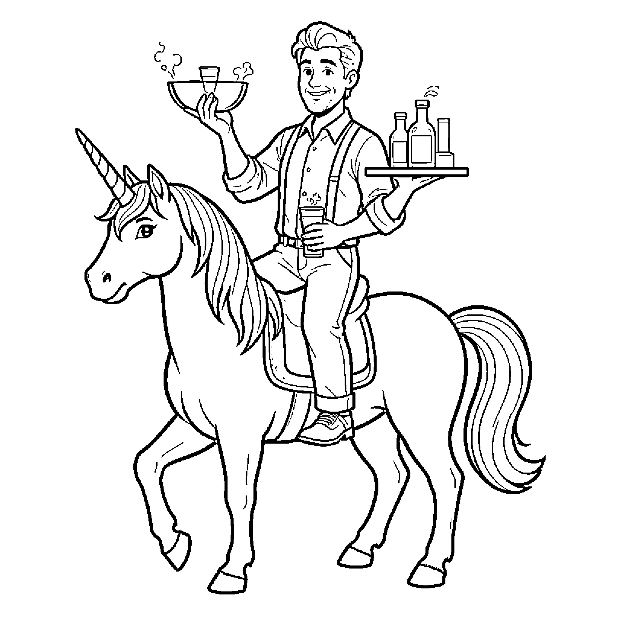 Barman riding a unicorn while serving various drinks Coloring Page (free black-and-white line drawing printable PDF for all, from beginners to advanced learners, including children, teens, adults, and seniors)