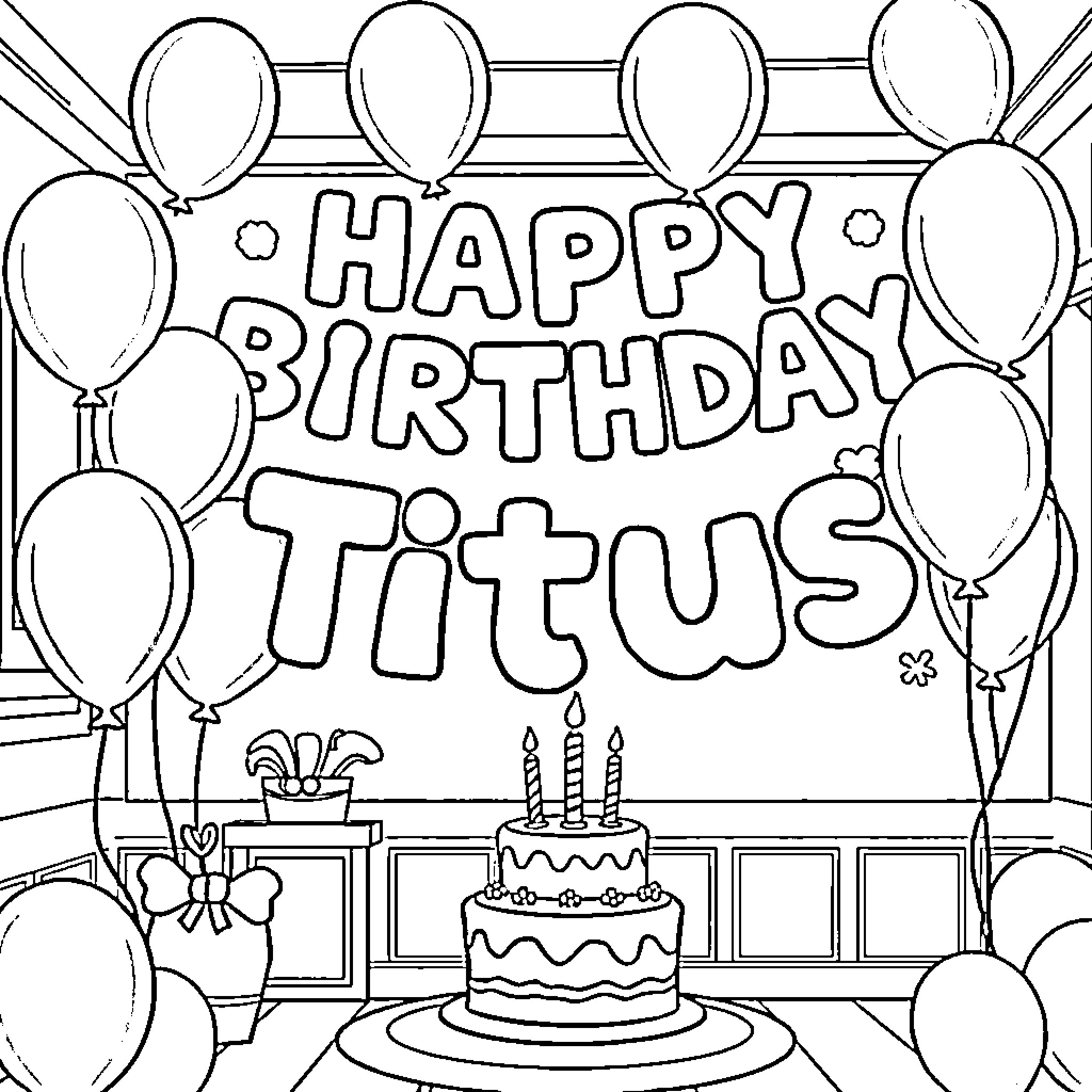 Birthday celebration with balloons and cake for Titus Coloring Page (free black-and-white line drawing printable PDF for all, from beginners to advanced learners, including children, teens, adults, and seniors)