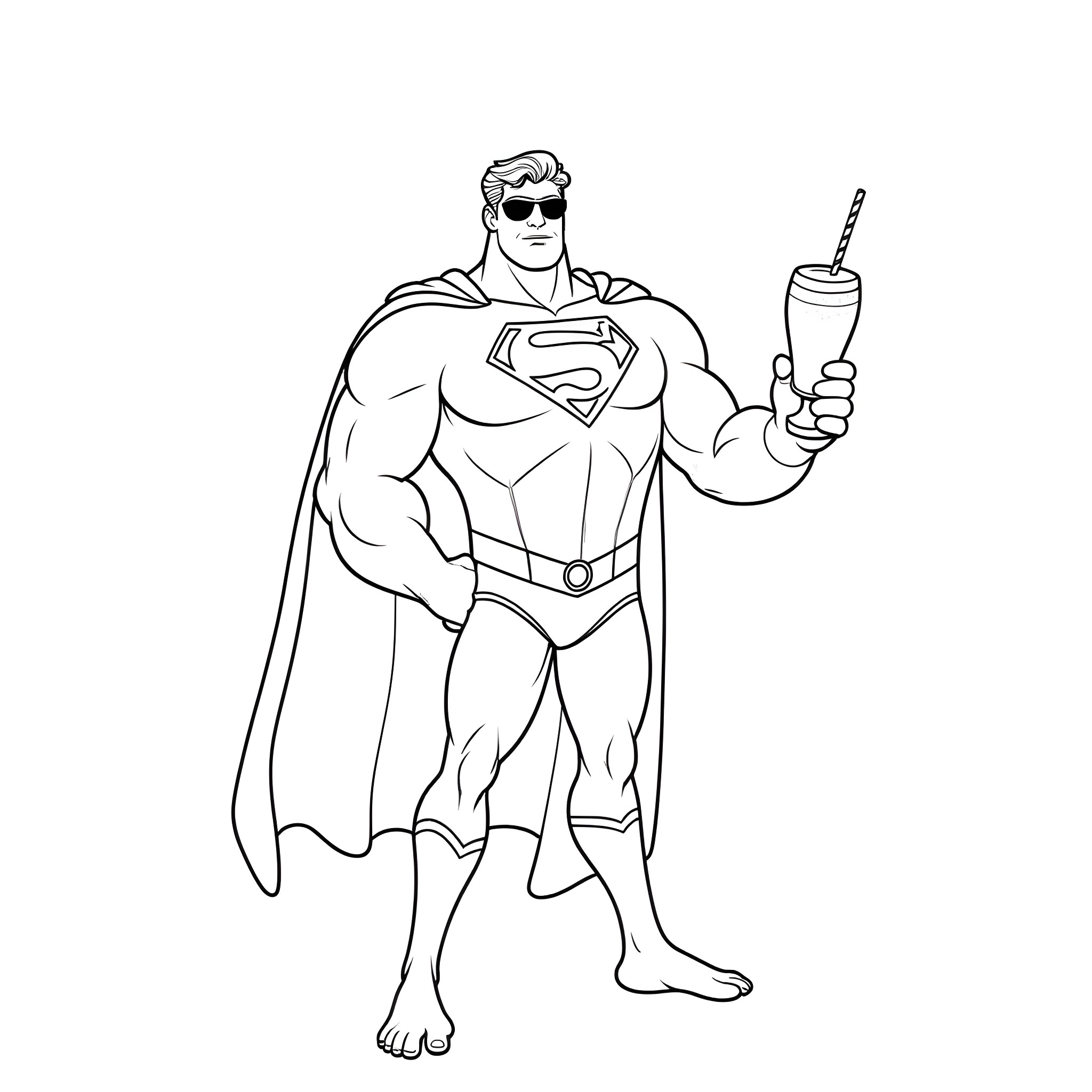 Superman enjoying a cool drink Coloring Page (free black-and-white line drawing printable PDF for all, from beginners to advanced learners, including children, teens, adults, and seniors)