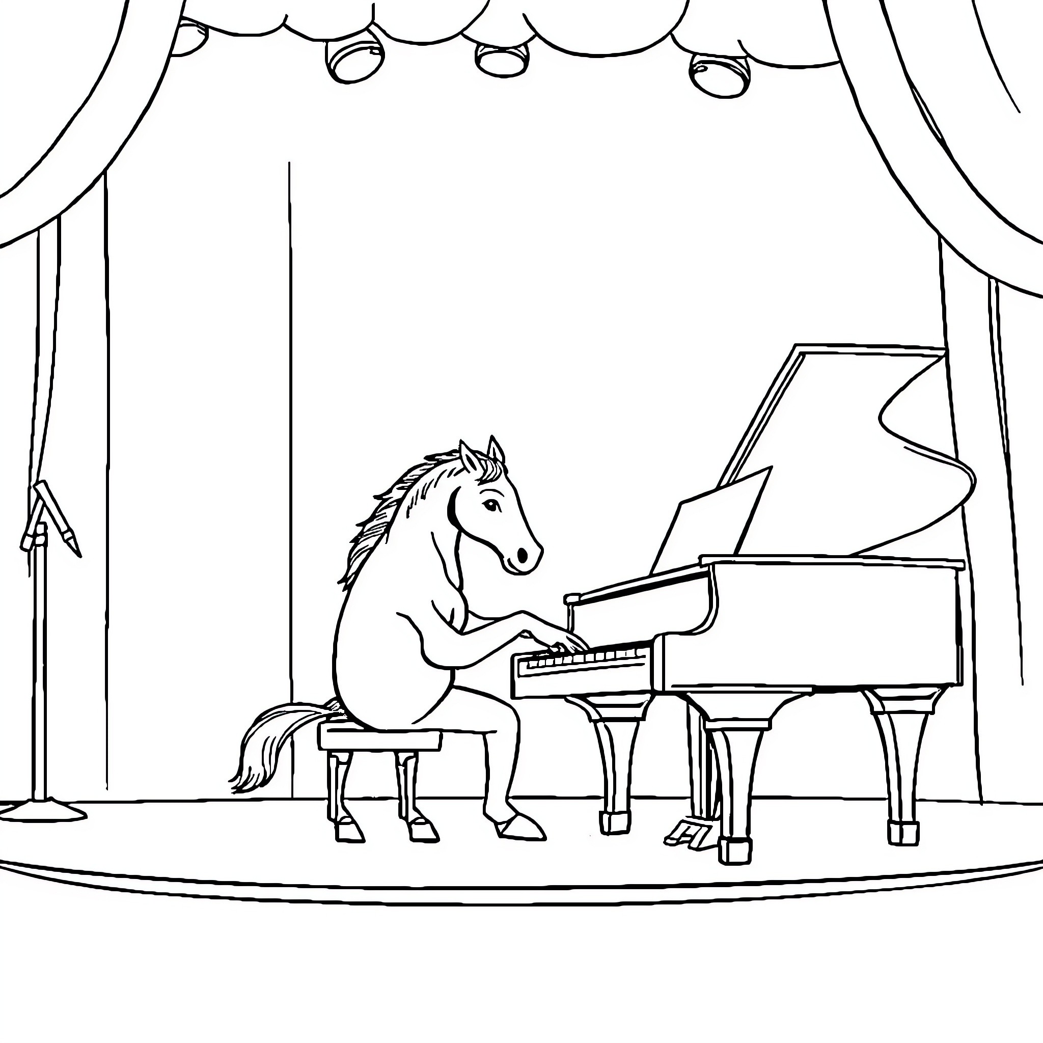 Horse playing piano on stage with curtains Coloring Page (free black-and-white line drawing printable PDF for all, from beginners to advanced learners, including children, teens, adults, and seniors)