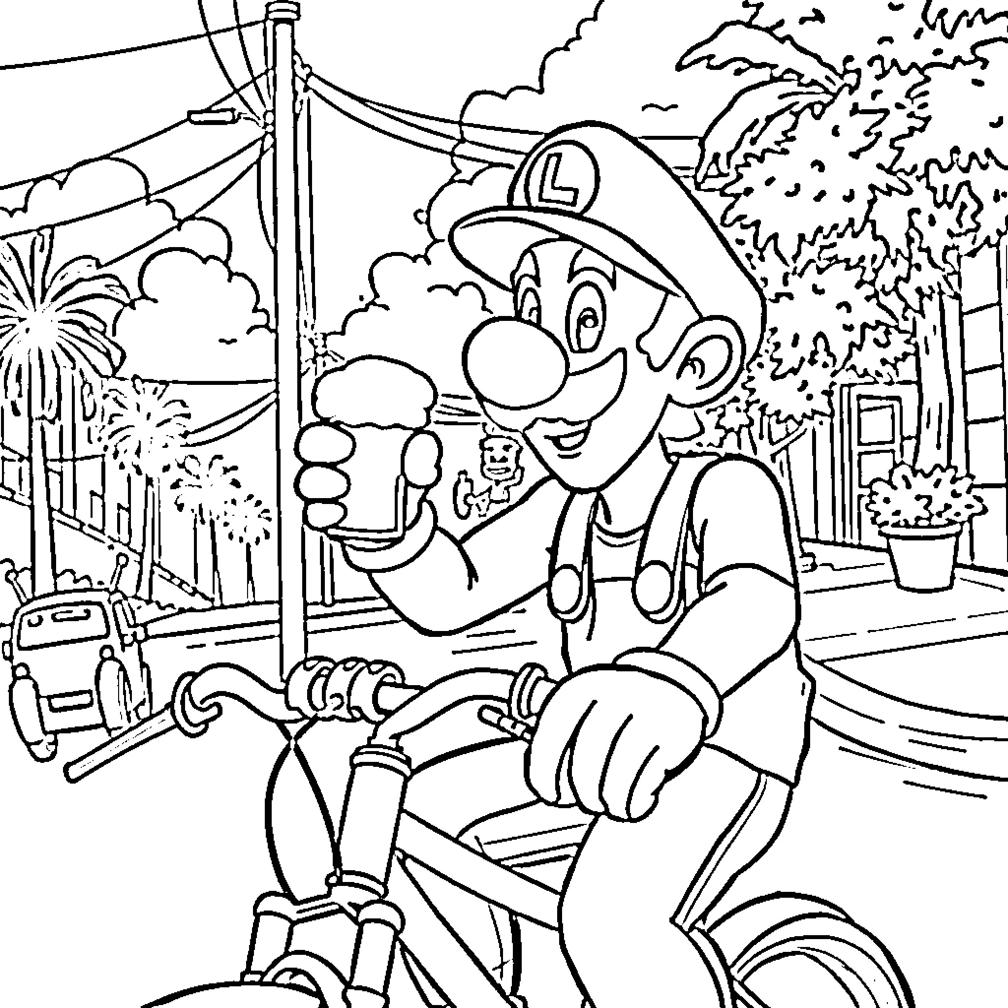 Luigi's Joyride through the Neighborhood Coloring Page (free black-and-white line drawing printable PDF for all, from beginners to advanced learners, including children, teens, adults, and seniors)