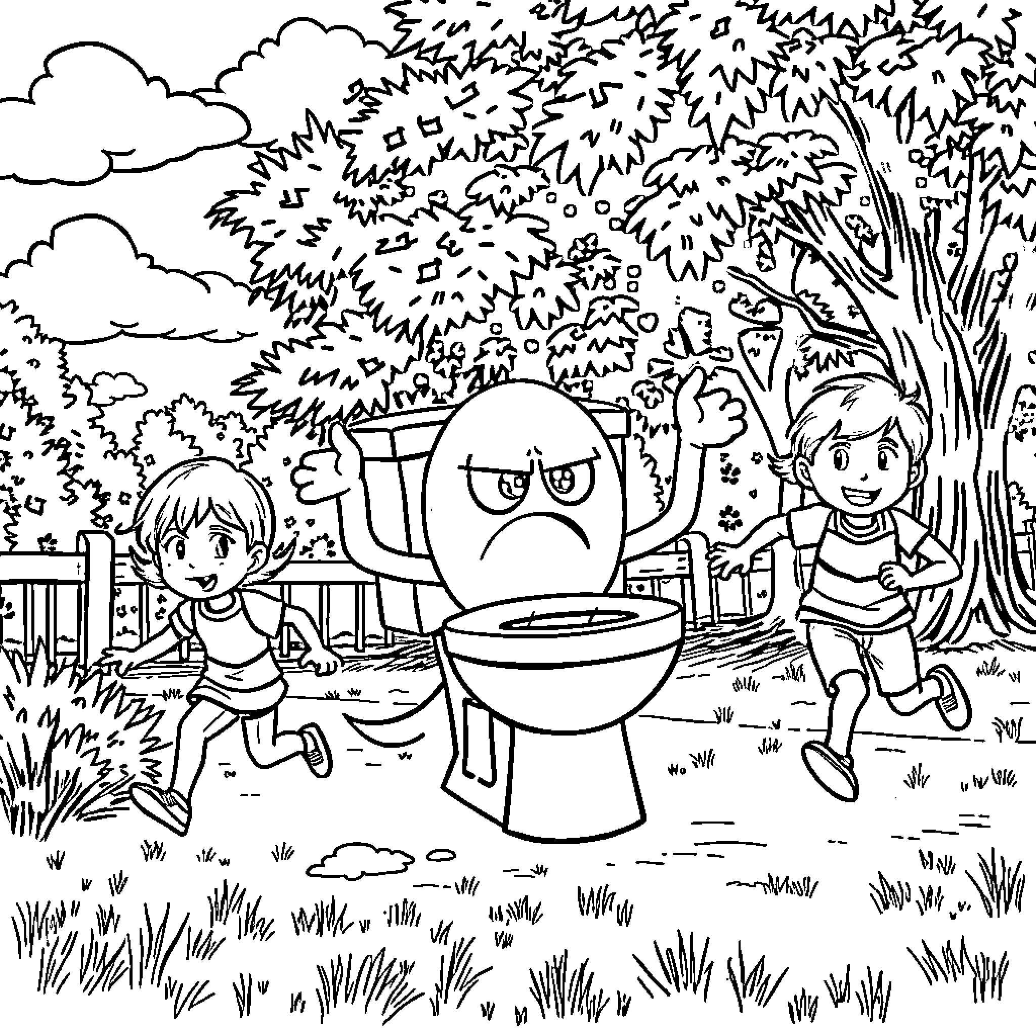 Skibidi Toilet: Children's mischievous antics in the park Coloring Page (free black-and-white line drawing printable PDF for all, from beginners to advanced learners, including children, teens, adults, and seniors)