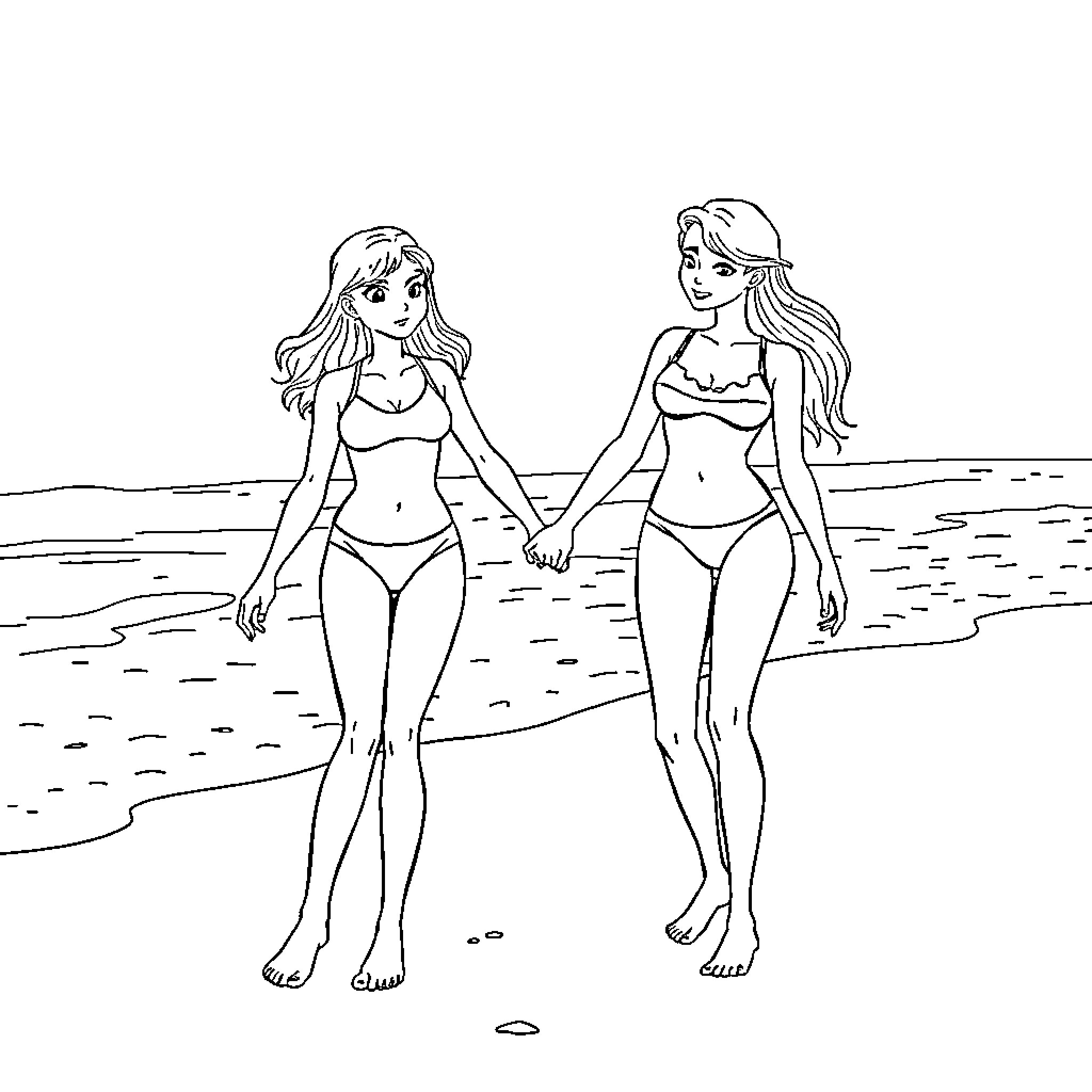 Girls in beachwear enjoying the shore Coloring Page (free black-and-white line drawing printable PDF for all, from beginners to advanced learners, including children, teens, adults, and seniors)