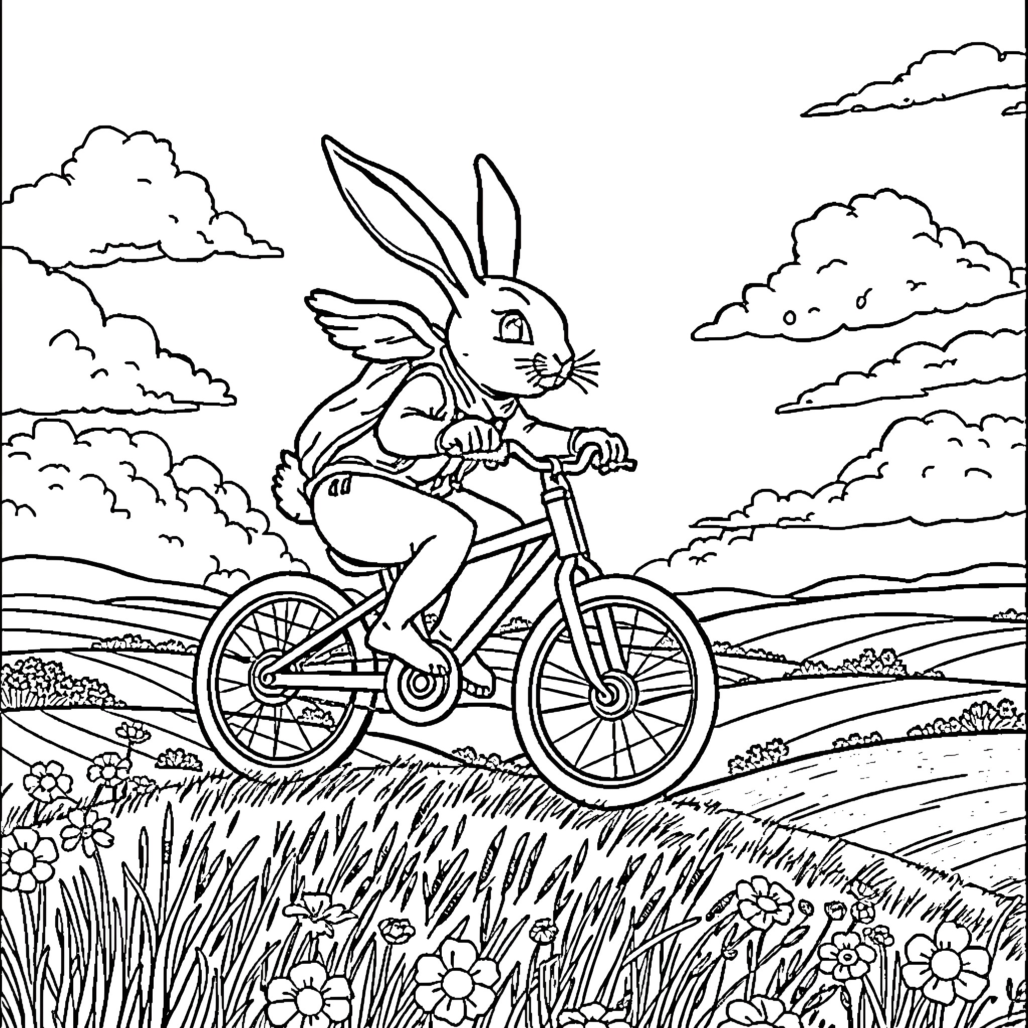 Rabbit cycling through a scenic landscape Coloring Page (free black-and-white line drawing printable PDF for all, from beginners to advanced learners, including children, teens, adults, and seniors)
