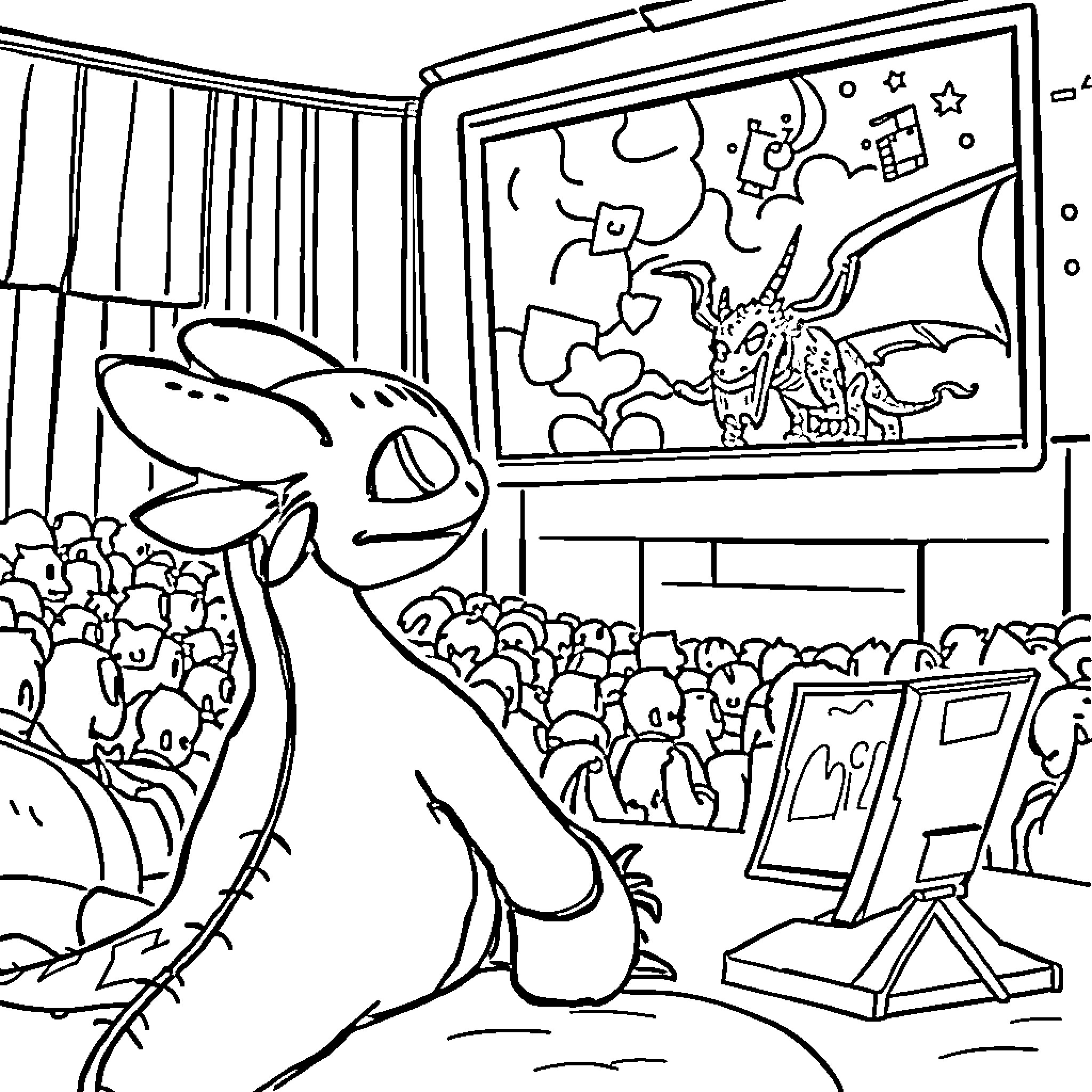 Toothless enjoying a movie with the crowd Coloring Page (free black-and-white line drawing printable PDF for all, from beginners to advanced learners, including children, teens, adults, and seniors)