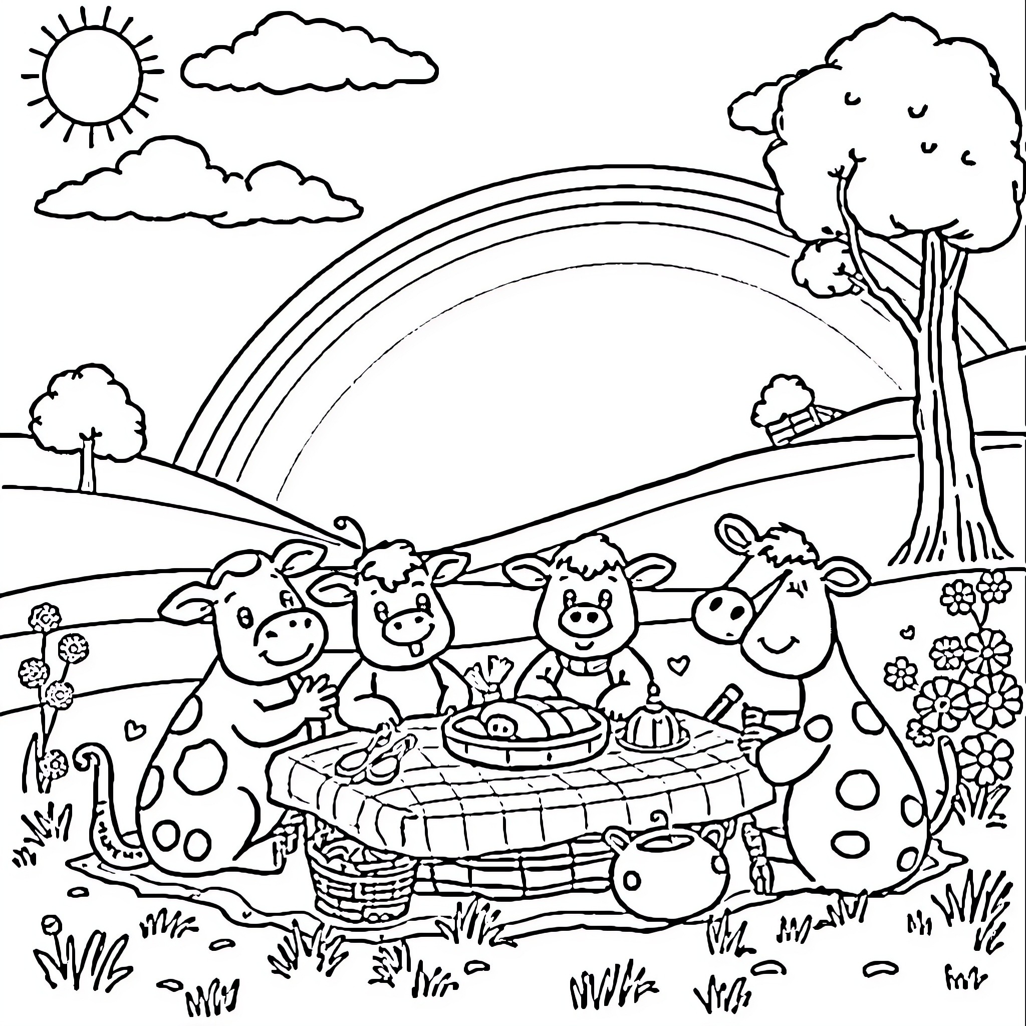 Farm Animal Picnic in the Countryside Coloring Page (free black-and-white line drawing printable PDF for all, from beginners to advanced learners, including children, teens, adults, and seniors)